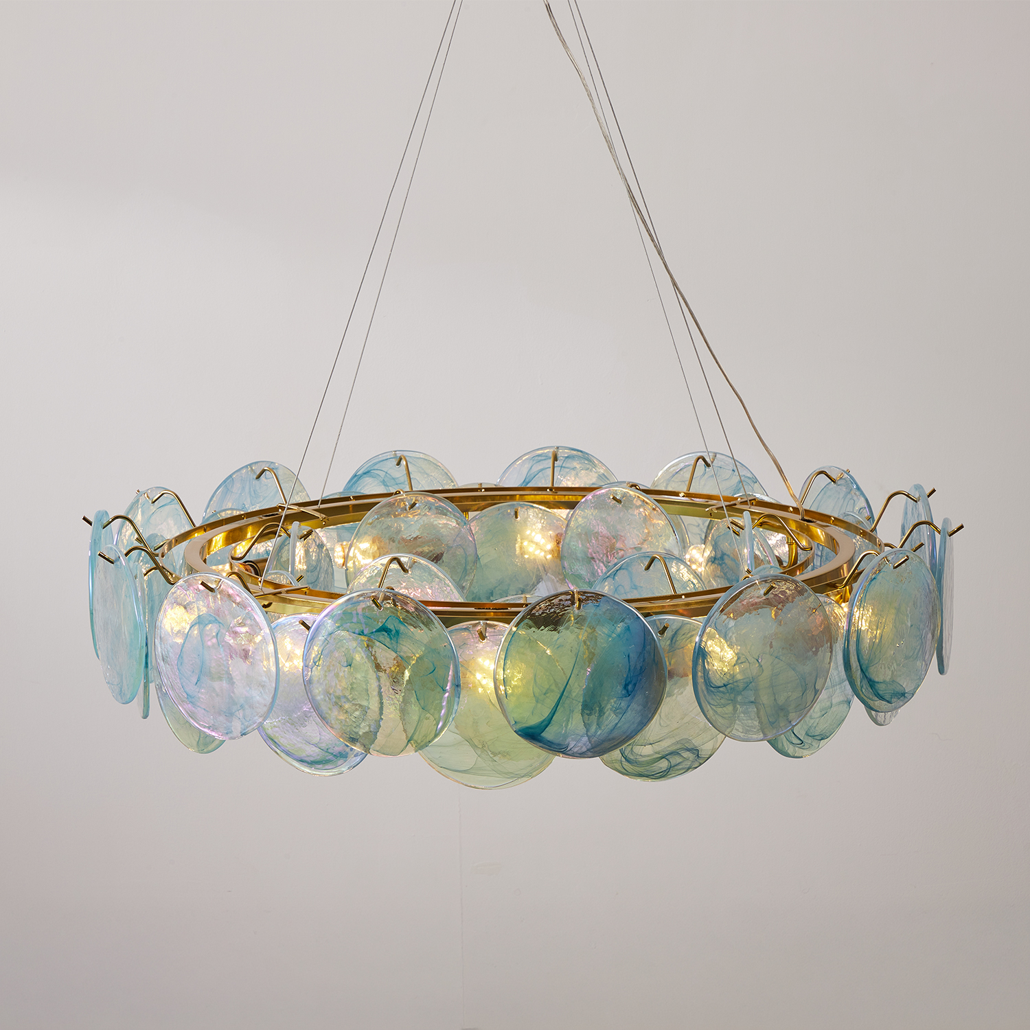 Modern Aqua Iridescent Glass Disc Chandelier