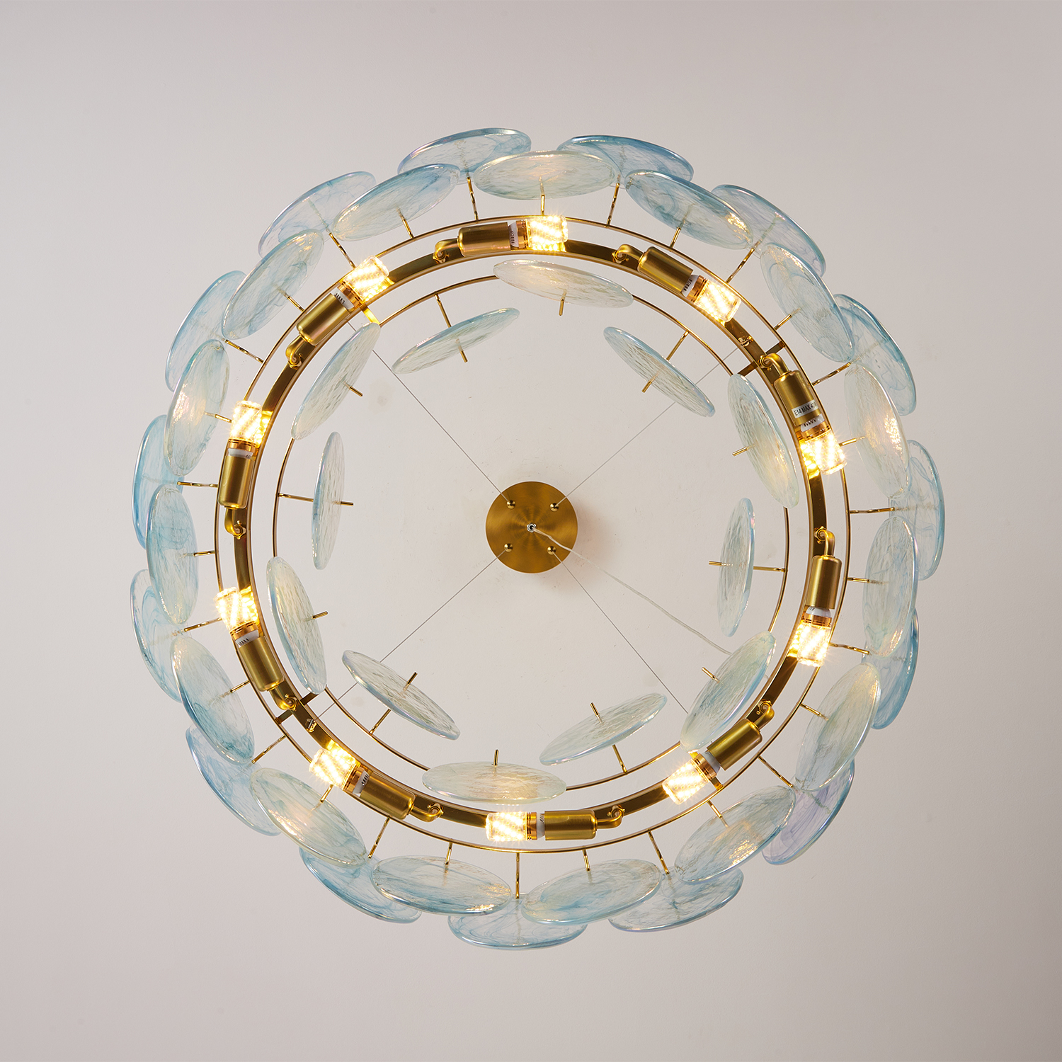 Modern Aqua Iridescent Glass Disc Chandelier