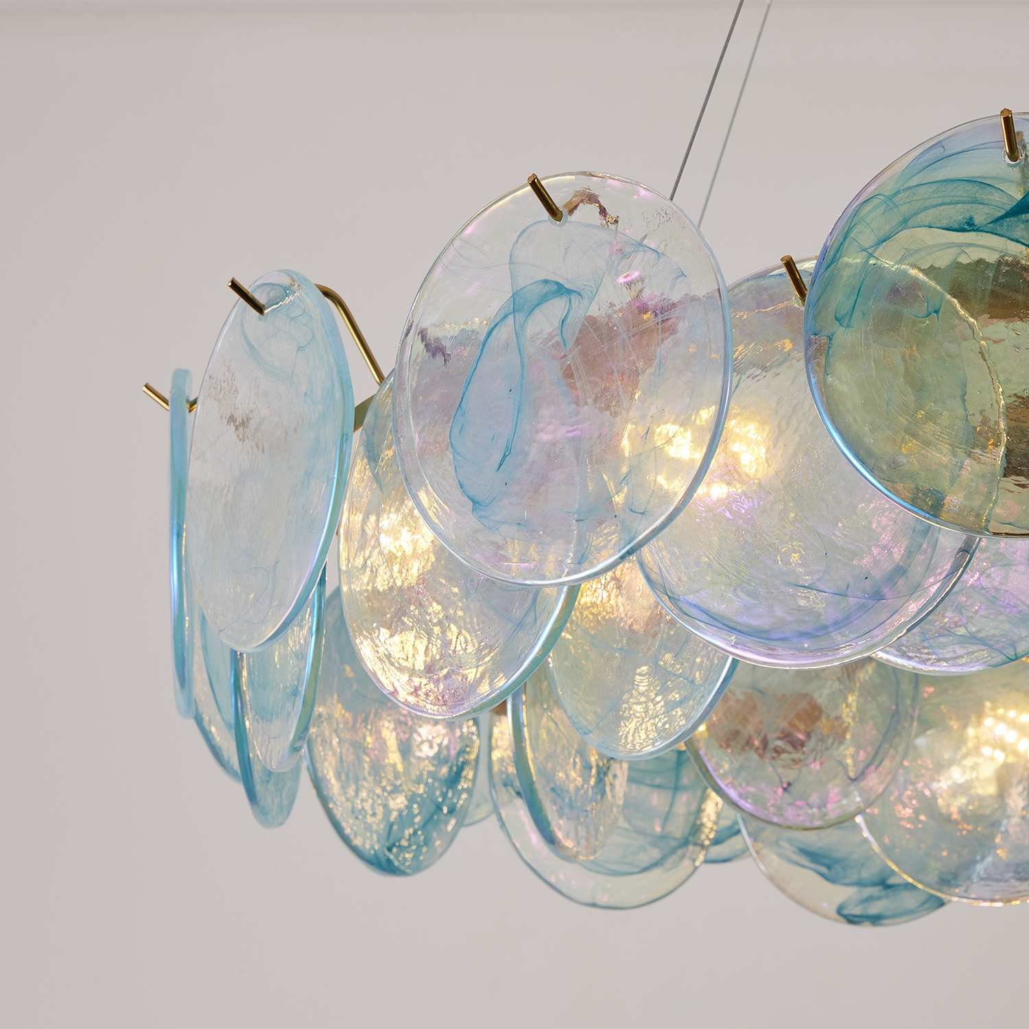 Modern Aqua Iridescent Glass Disc Chandelier