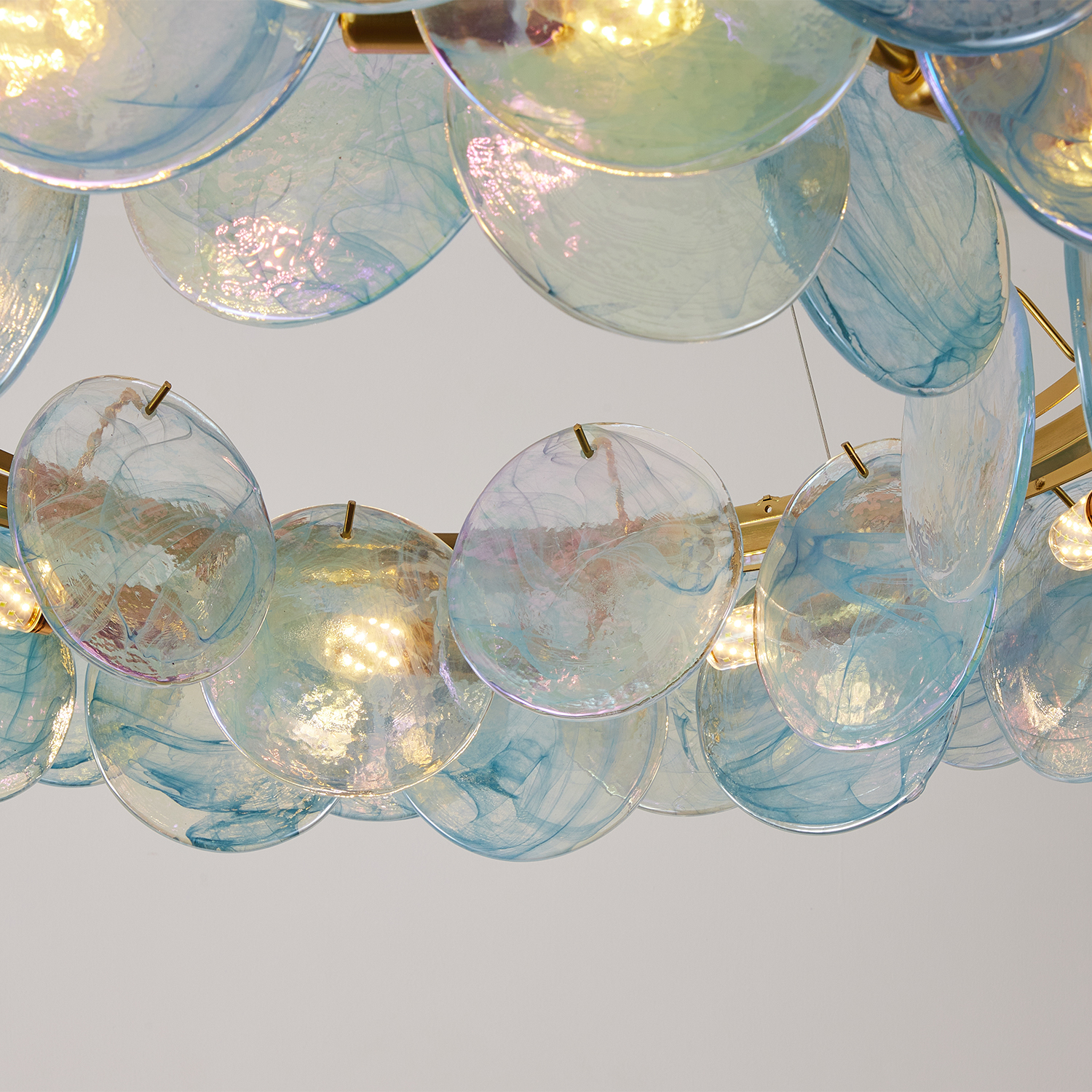 Modern Aqua Iridescent Glass Disc Chandelier