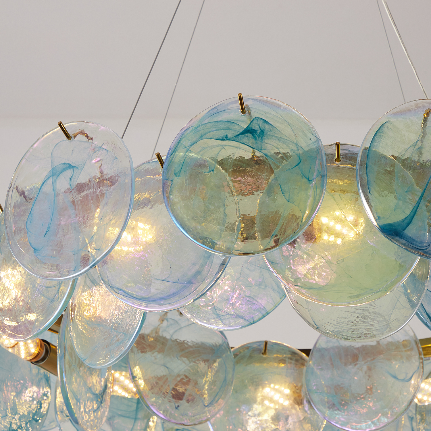 Modern Aqua Iridescent Glass Disc Chandelier