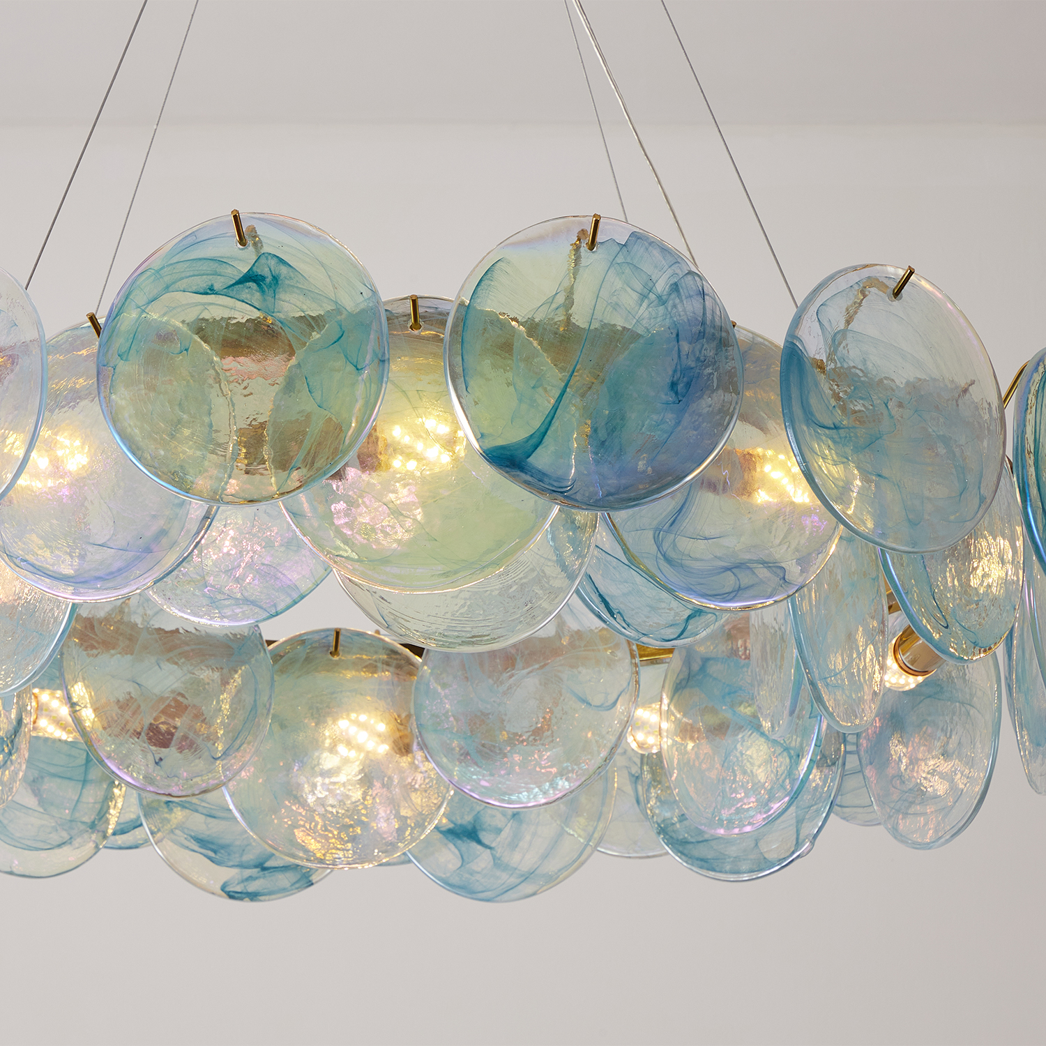 Modern Aqua Iridescent Glass Disc Chandelier