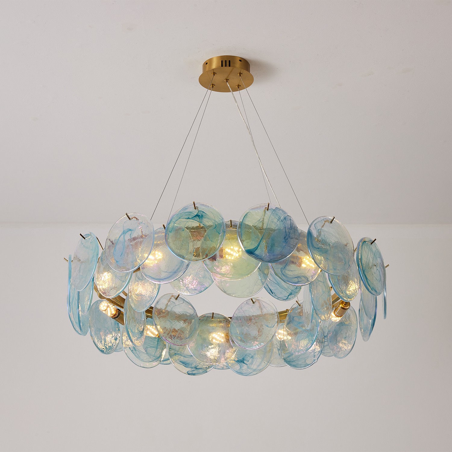 Modern Aqua Iridescent Glass Disc Chandelier