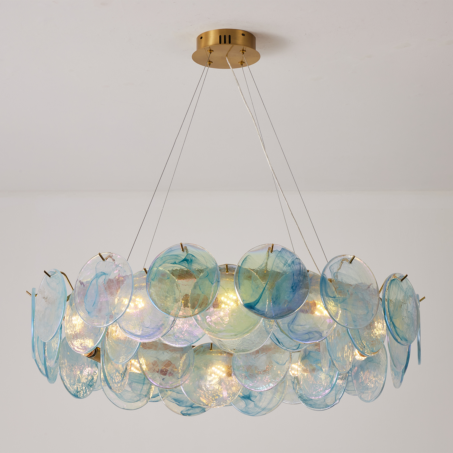 Modern Aqua Iridescent Glass Disc Chandelier
