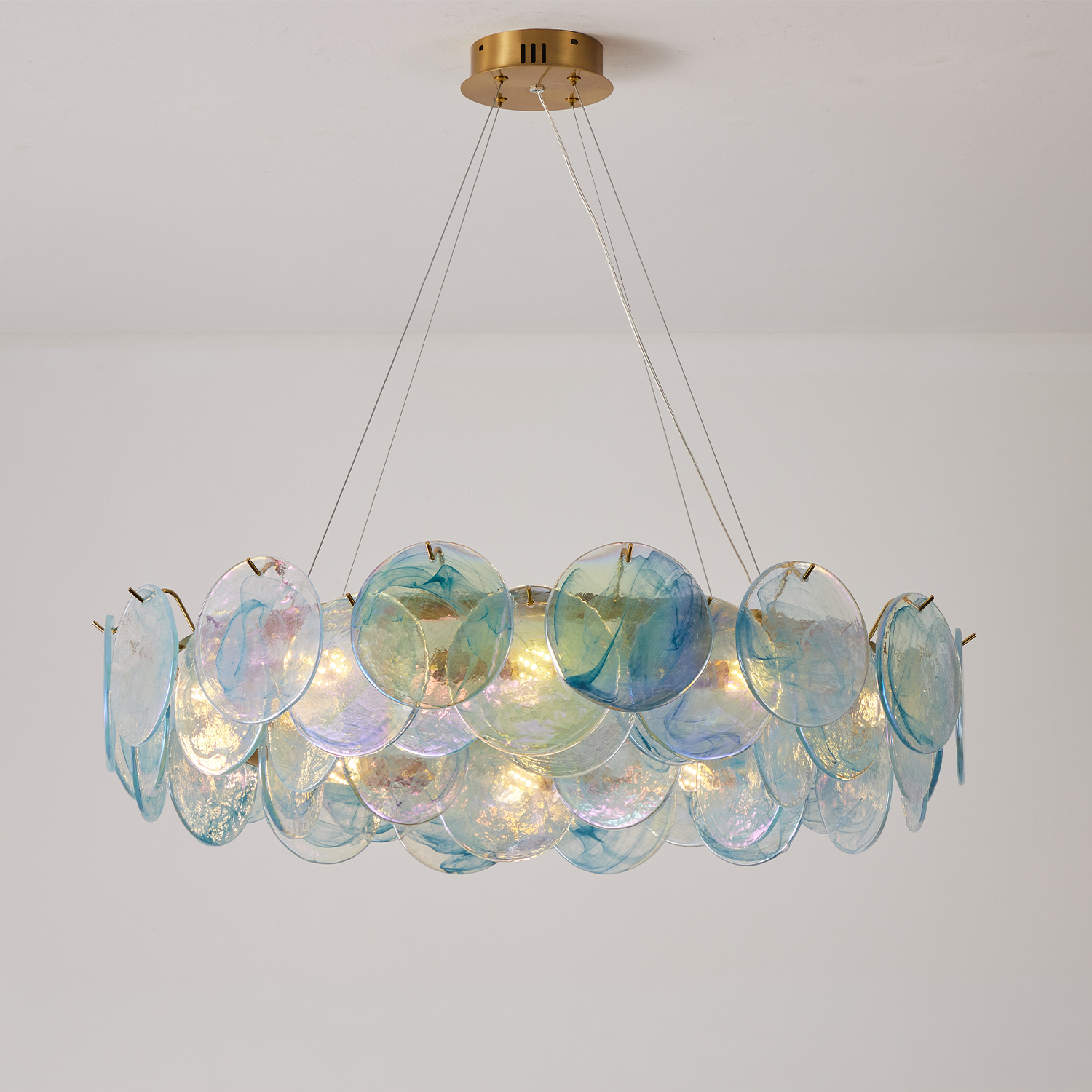 Modern Aqua Iridescent Glass Disc Chandelier
