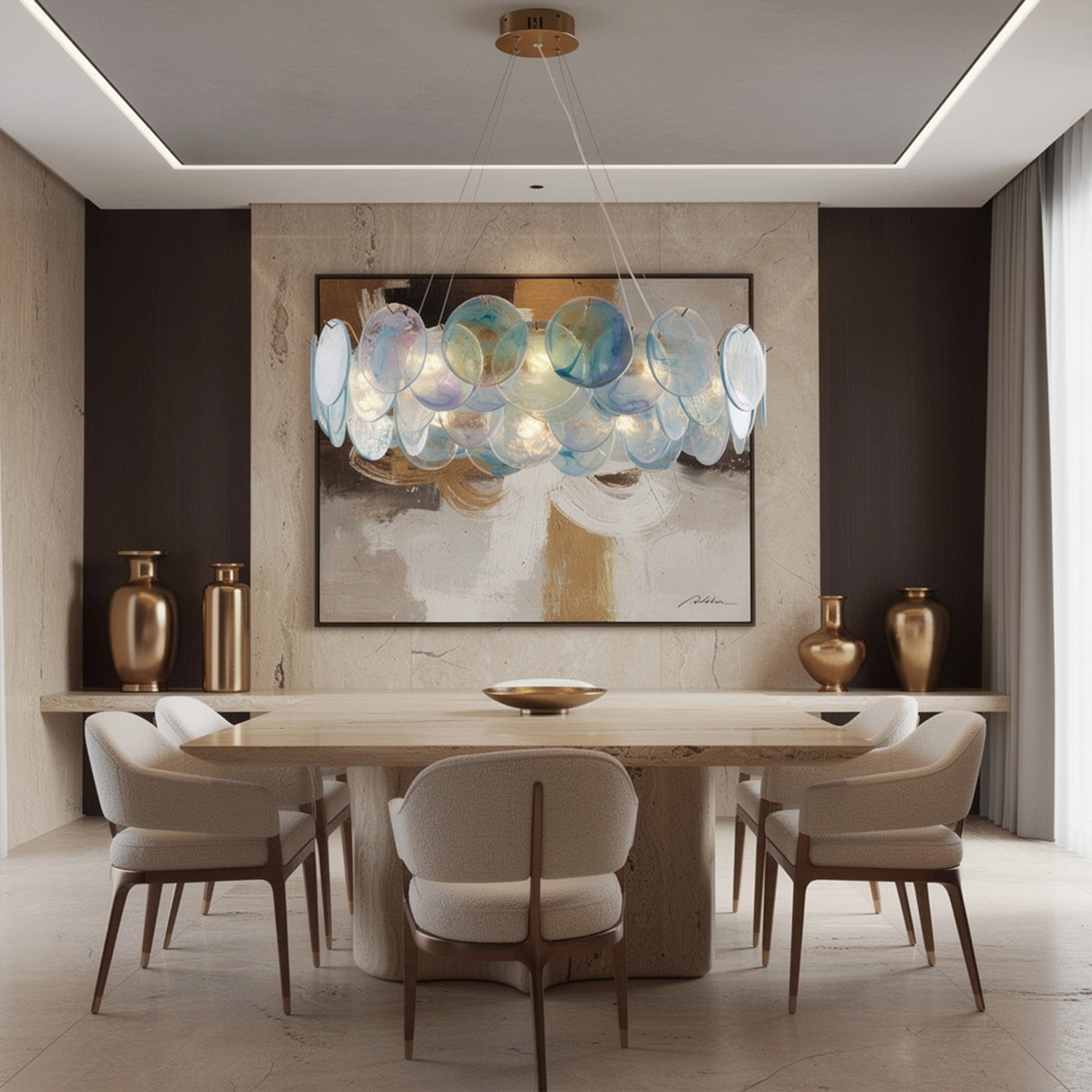 Modern Aqua Iridescent Glass Disc Chandelier