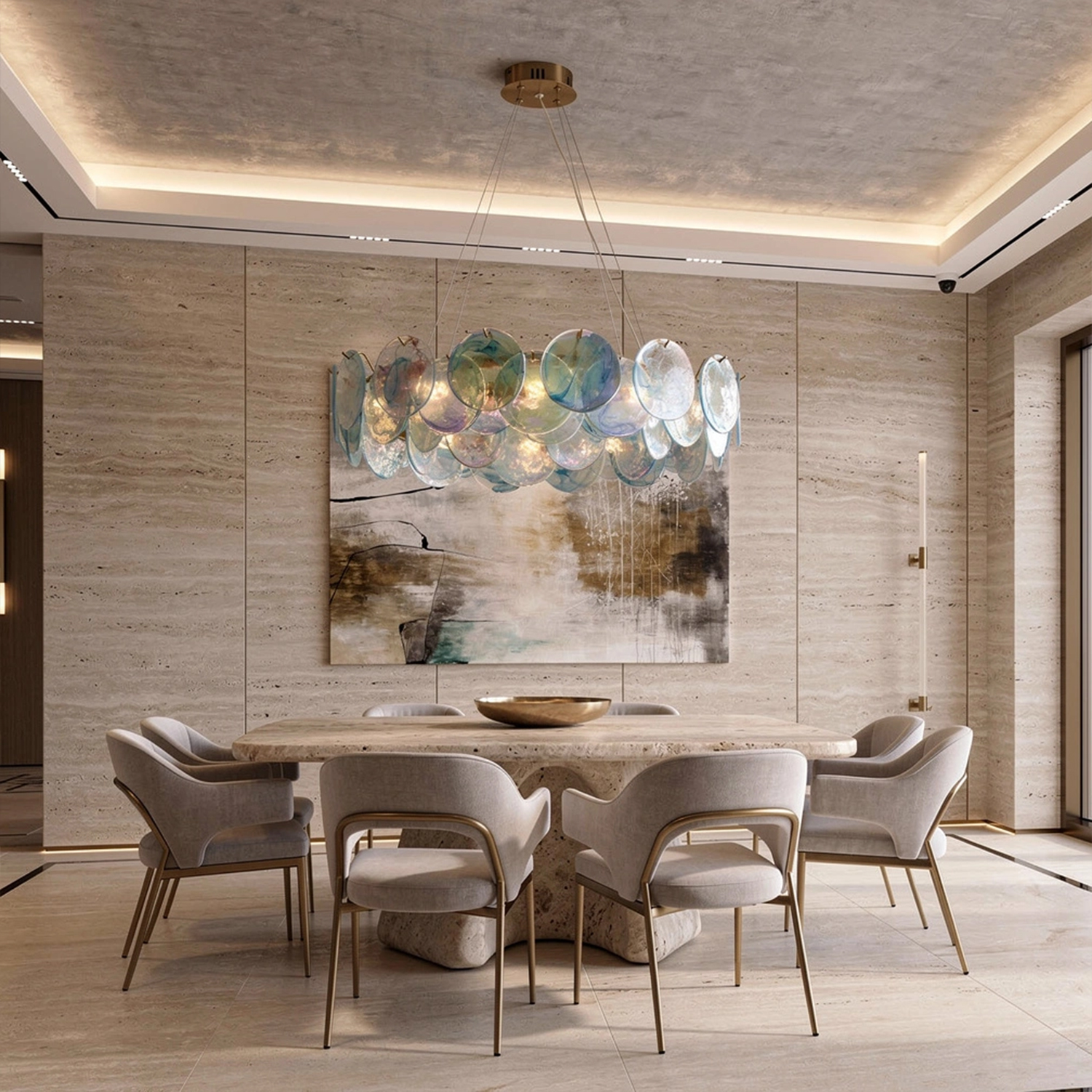 Modern Aqua Iridescent Glass Disc Chandelier