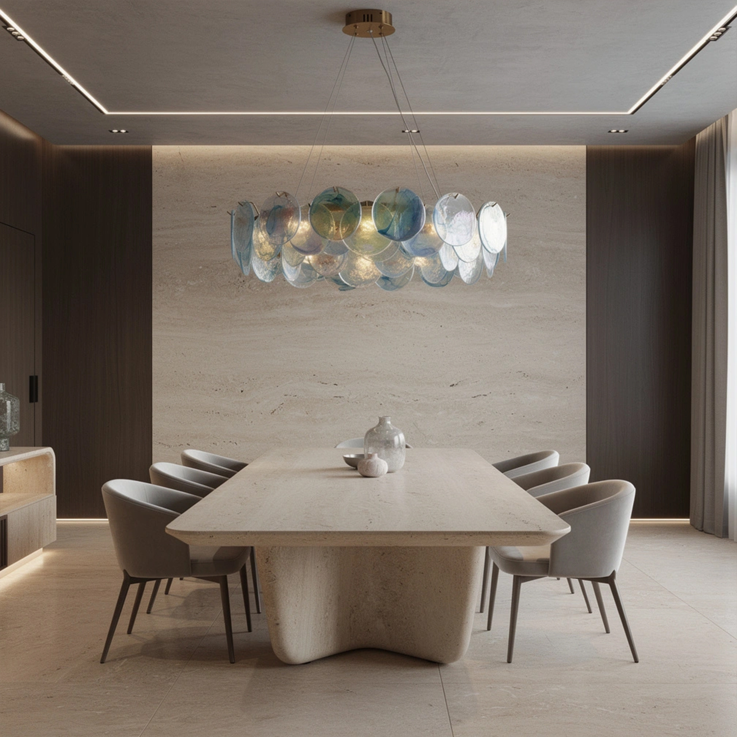 Modern Aqua Iridescent Glass Disc Chandelier