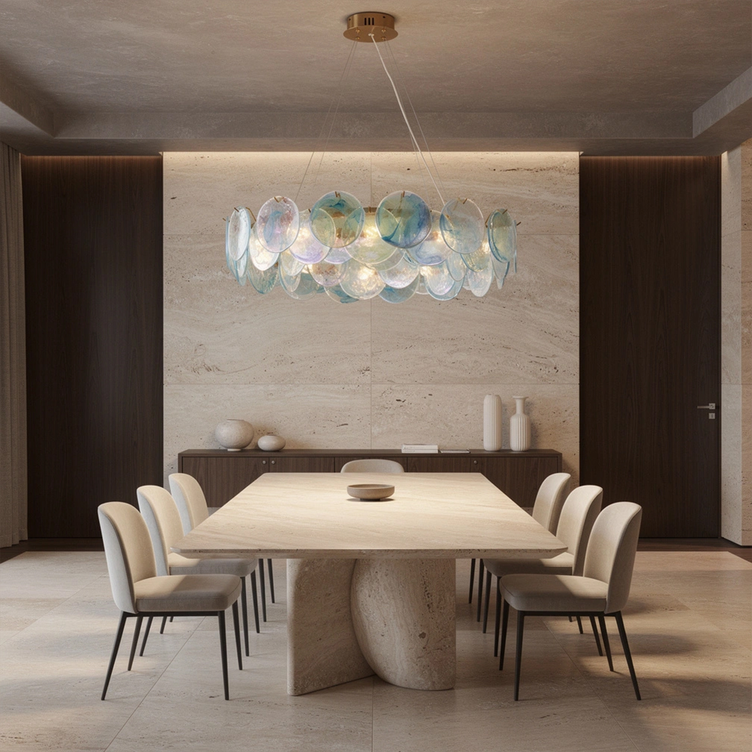 Modern Aqua Iridescent Glass Disc Chandelier