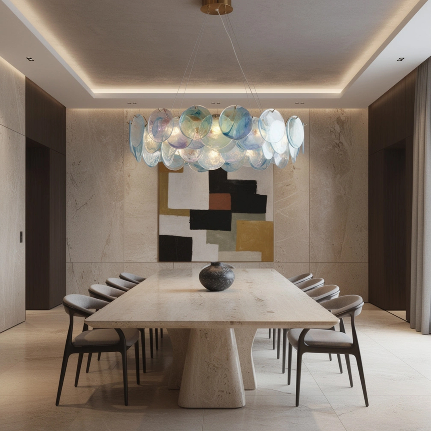 Modern Aqua Iridescent Glass Disc Chandelier