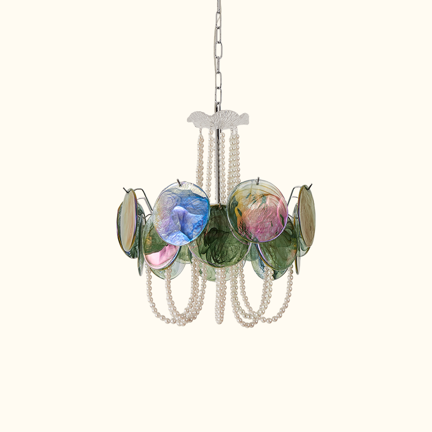 Murano Style Iridescent Green Glass & Pearl Chandelier – Vintage Round Pendant Light