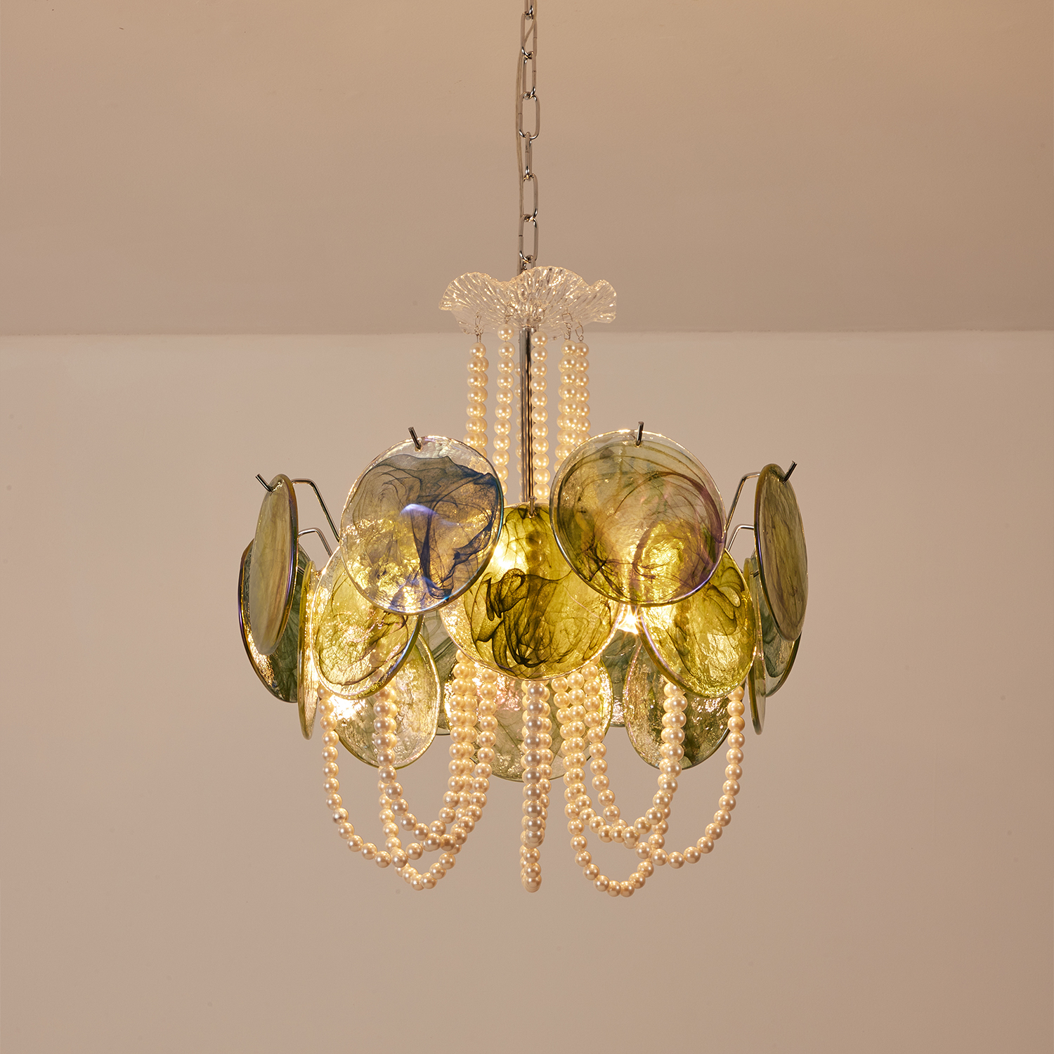 Murano Style Iridescent Green Glass & Pearl Chandelier – Vintage Round Pendant Light