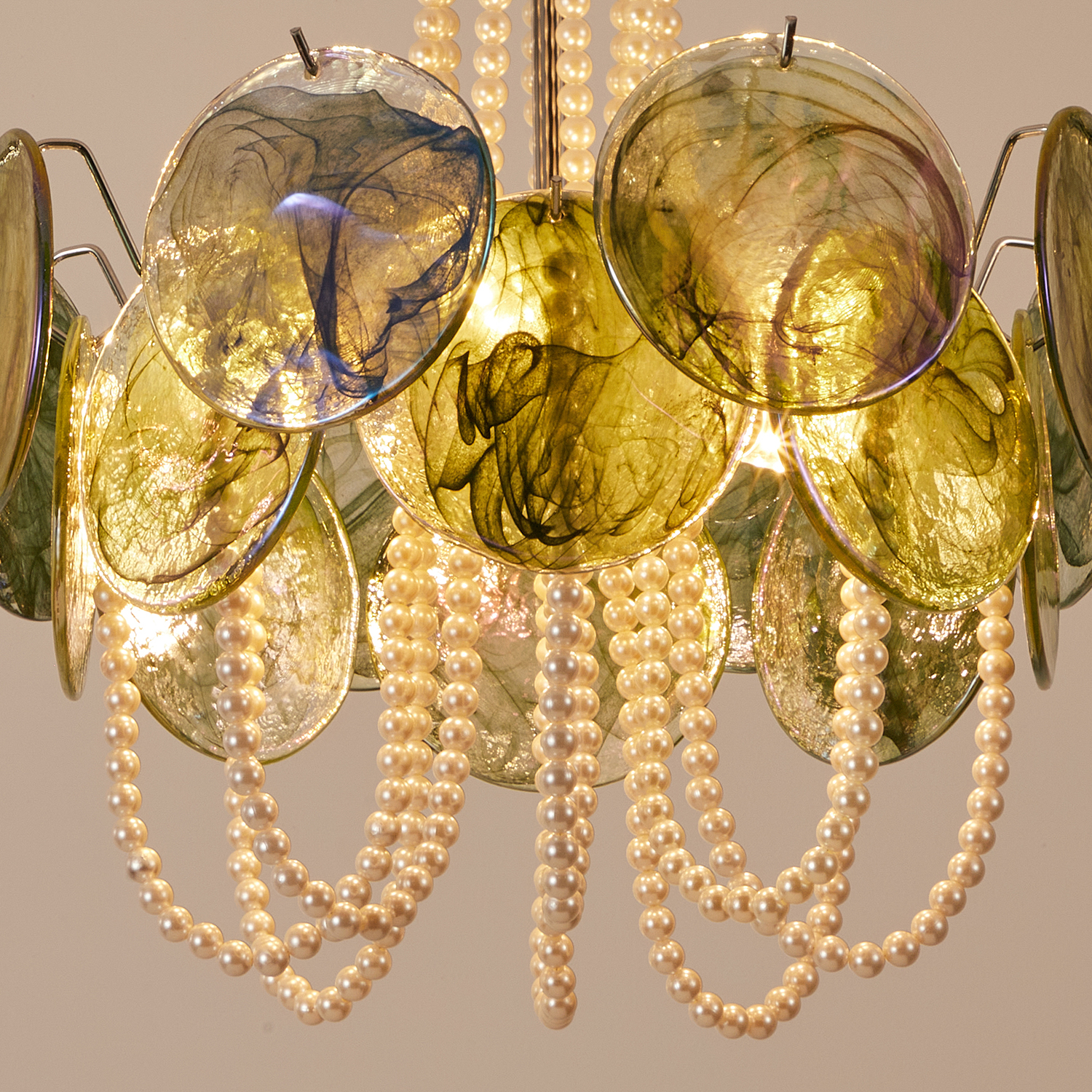 Murano Style Iridescent Green Glass & Pearl Chandelier – Vintage Round Pendant Light