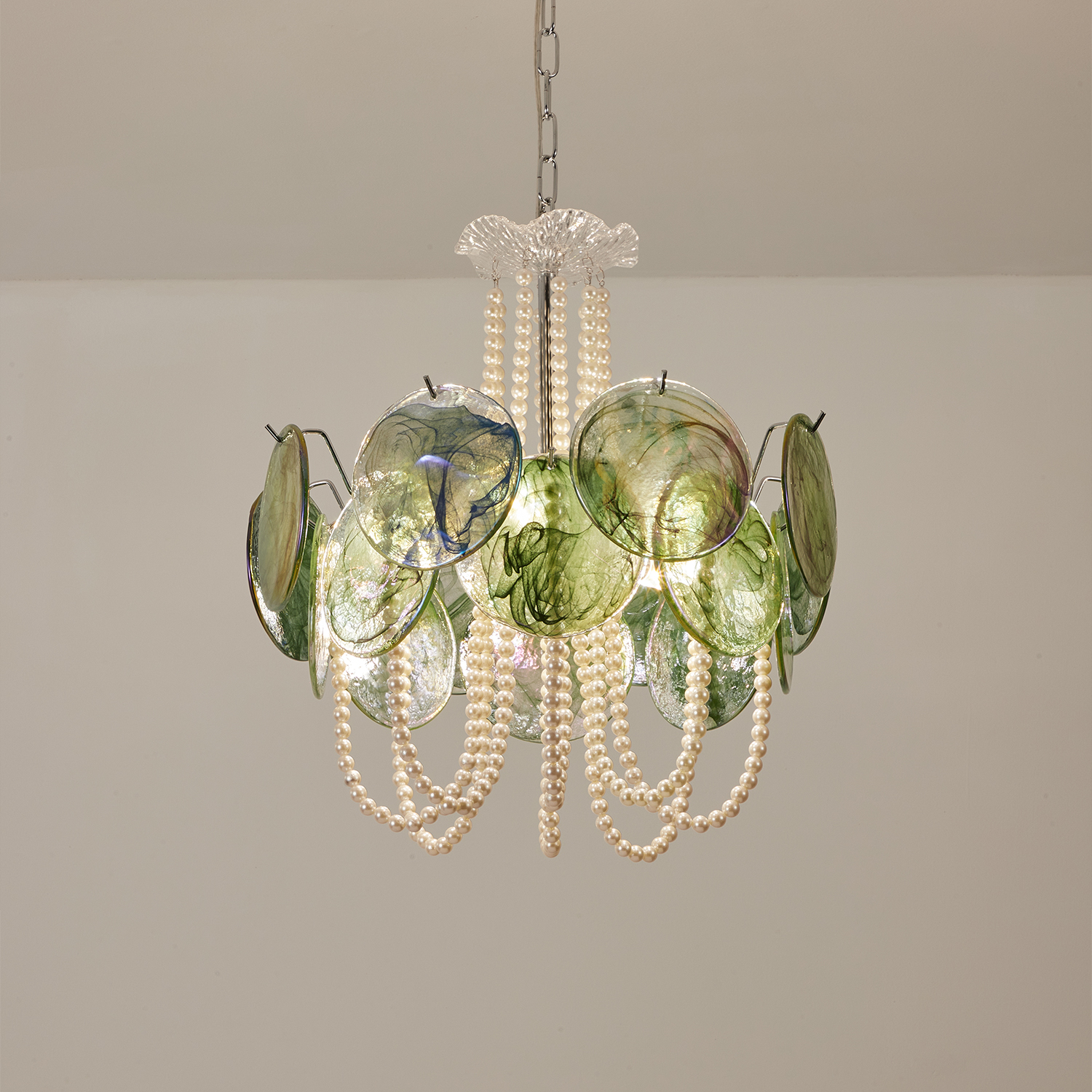 Murano Style Iridescent Green Glass & Pearl Chandelier – Vintage Round Pendant Light
