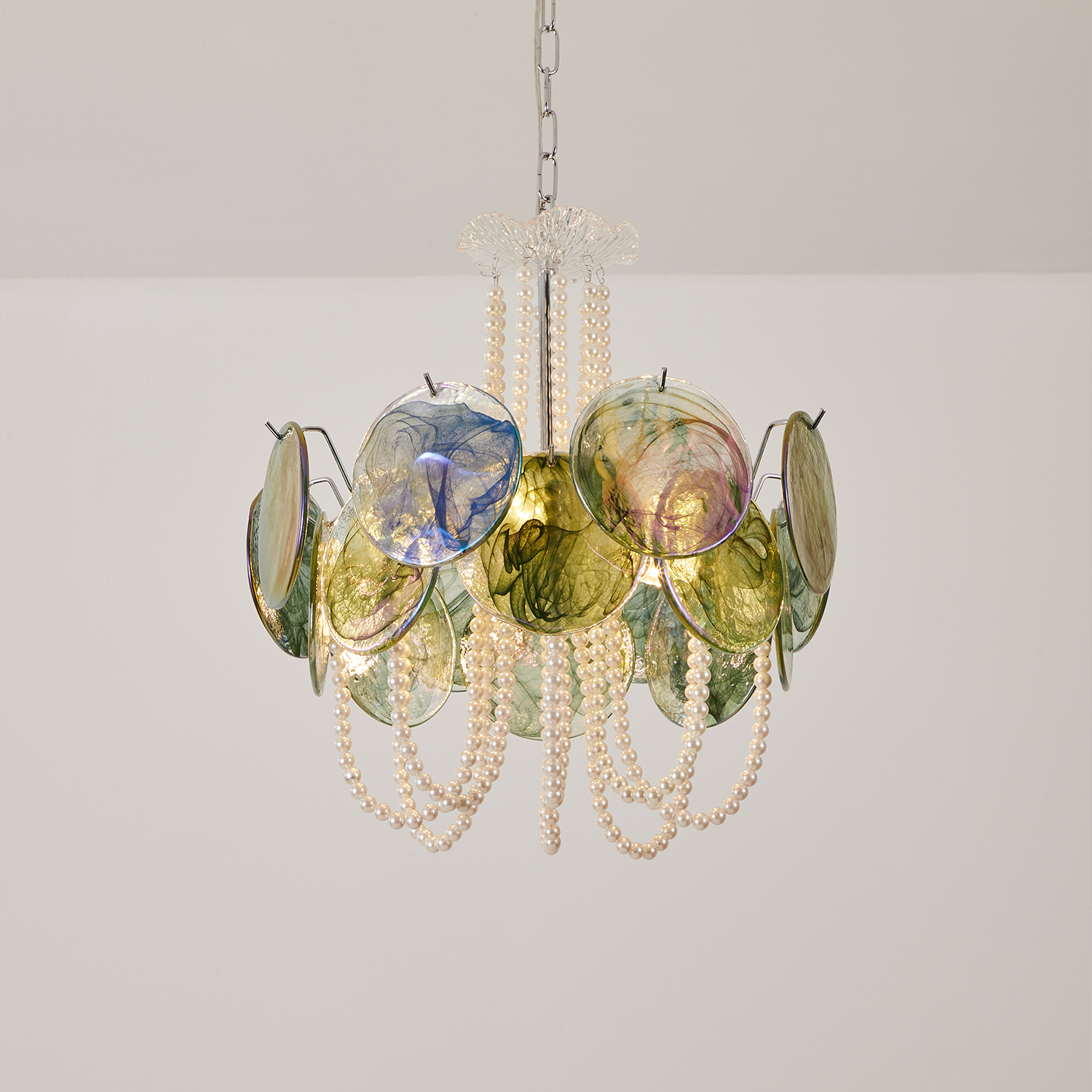 Murano Style Iridescent Green Glass & Pearl Chandelier – Vintage Round Pendant Light