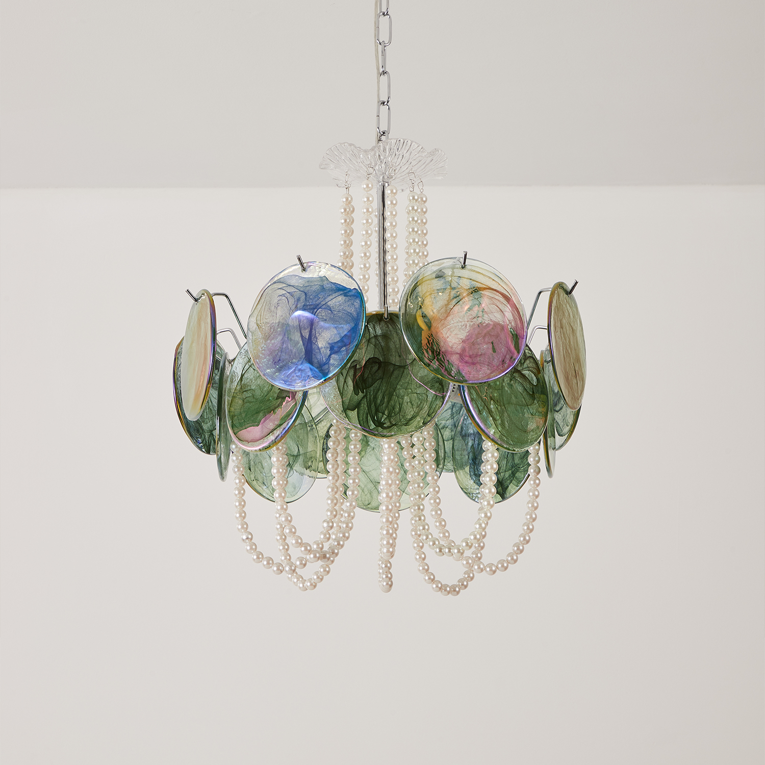 Murano Style Iridescent Green Glass & Pearl Chandelier – Vintage Round Pendant Light