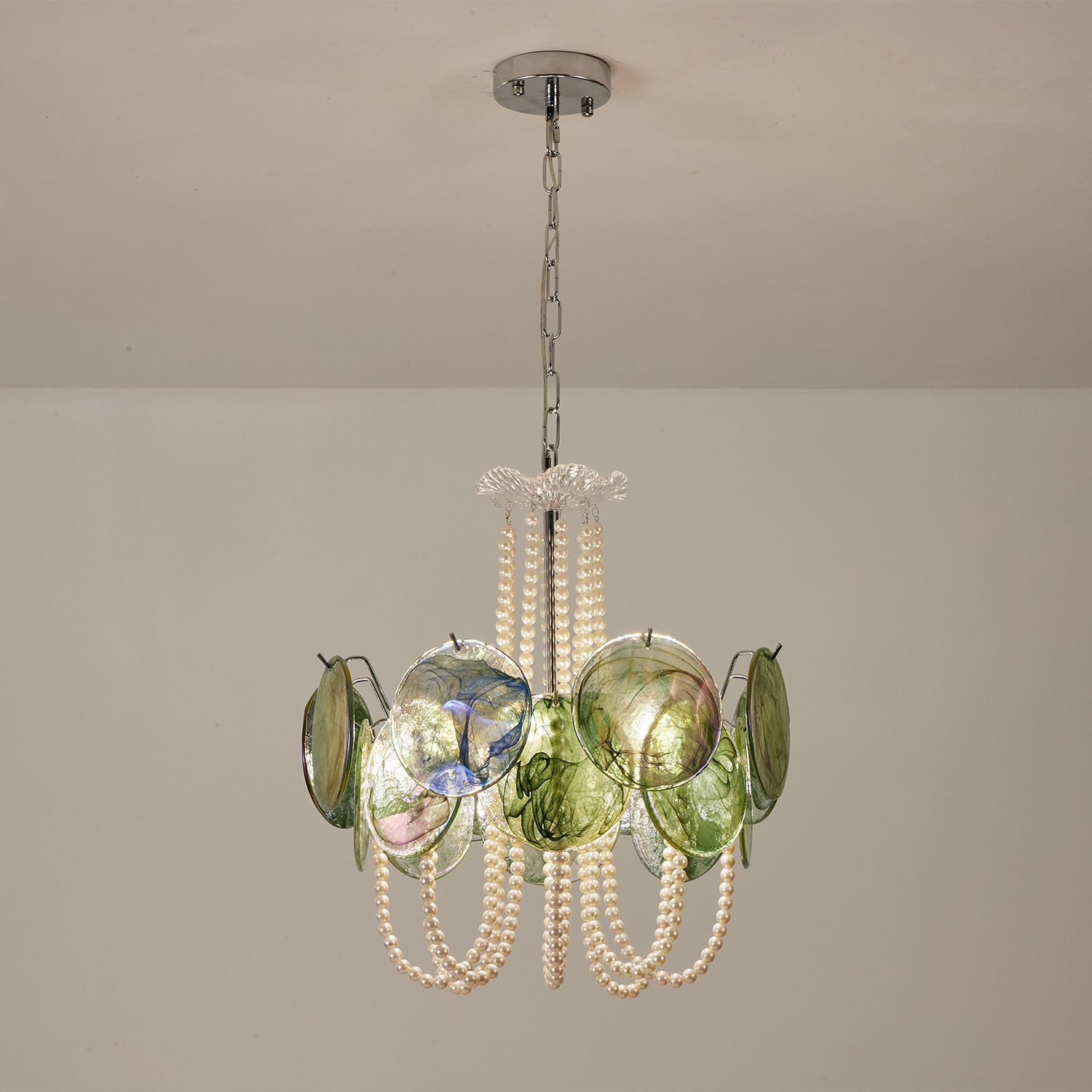 Murano Style Iridescent Green Glass & Pearl Chandelier – Vintage Round Pendant Light