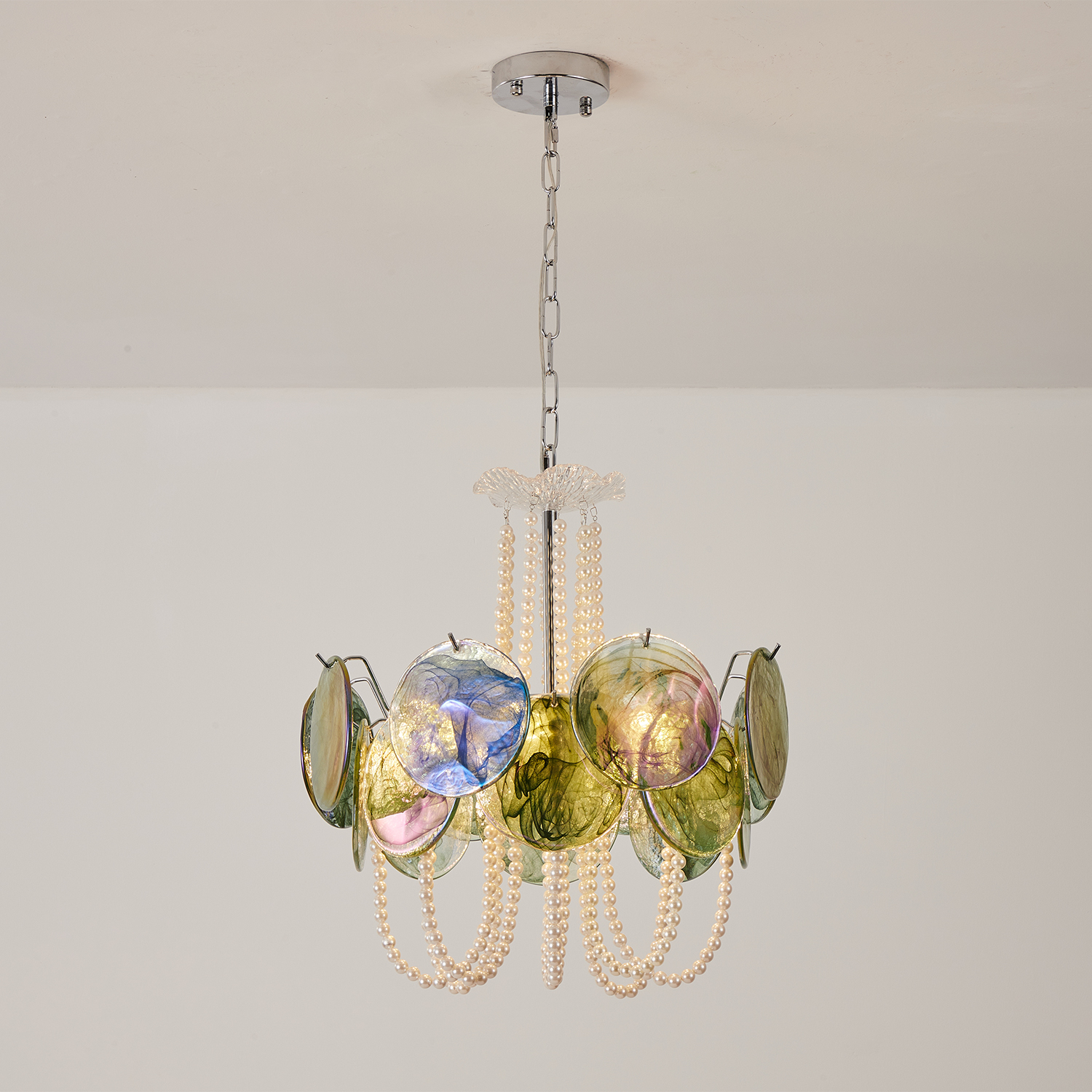 Murano Style Iridescent Green Glass & Pearl Chandelier – Vintage Round Pendant Light