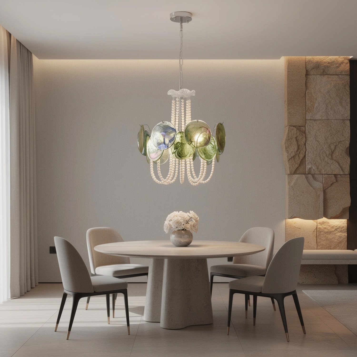 Murano Style Iridescent Green Glass & Pearl Chandelier – Vintage Round Pendant Light