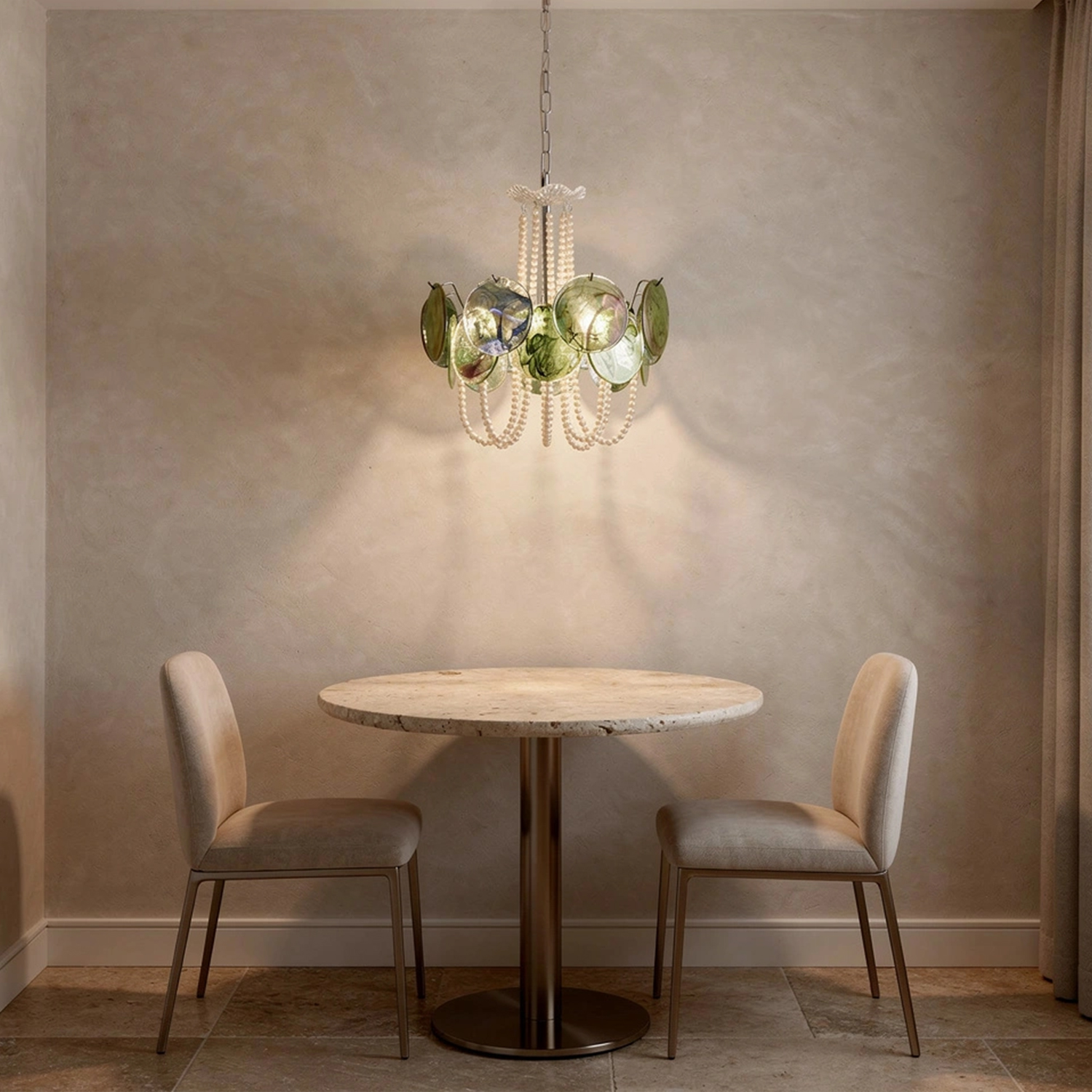 Murano Style Iridescent Green Glass & Pearl Chandelier – Vintage Round Pendant Light
