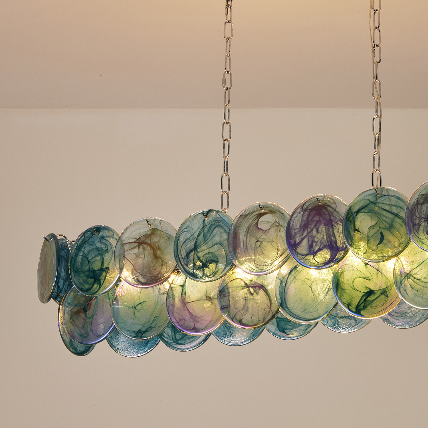 Two-tier rectangular Murano chandelier in space-age iridescent glass