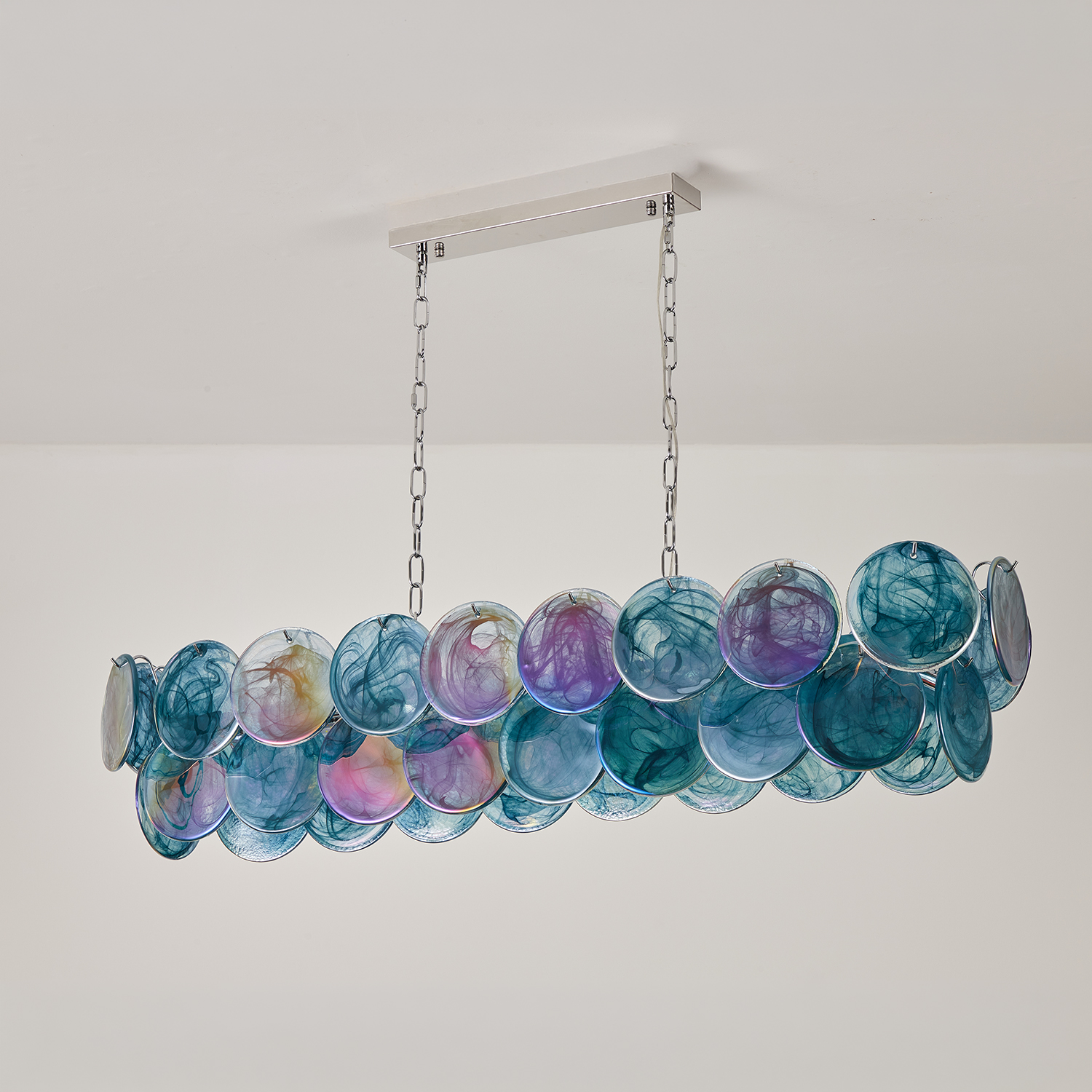 Two-tier rectangular Murano chandelier in space-age iridescent glass