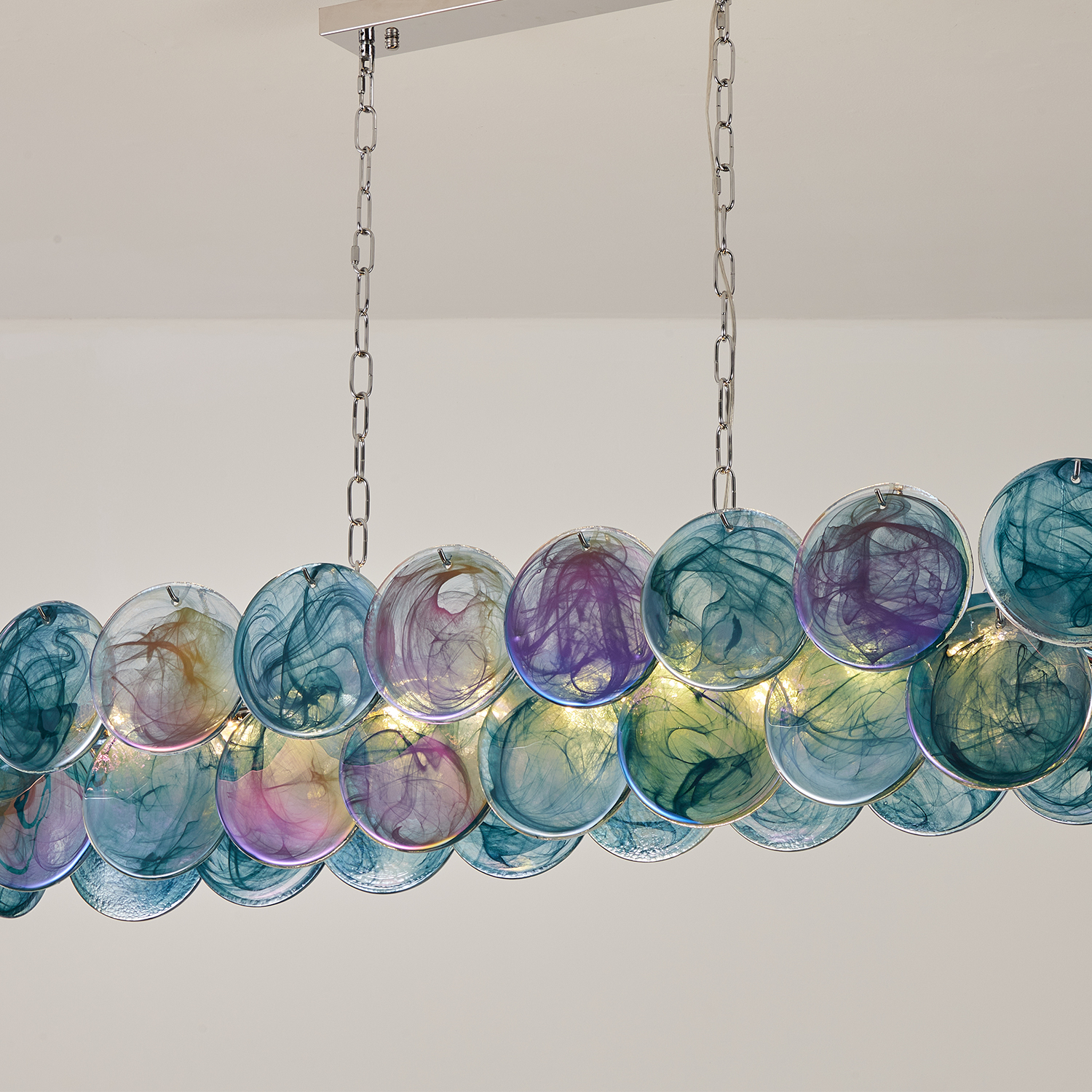 Two-tier rectangular Murano chandelier in space-age iridescent glass