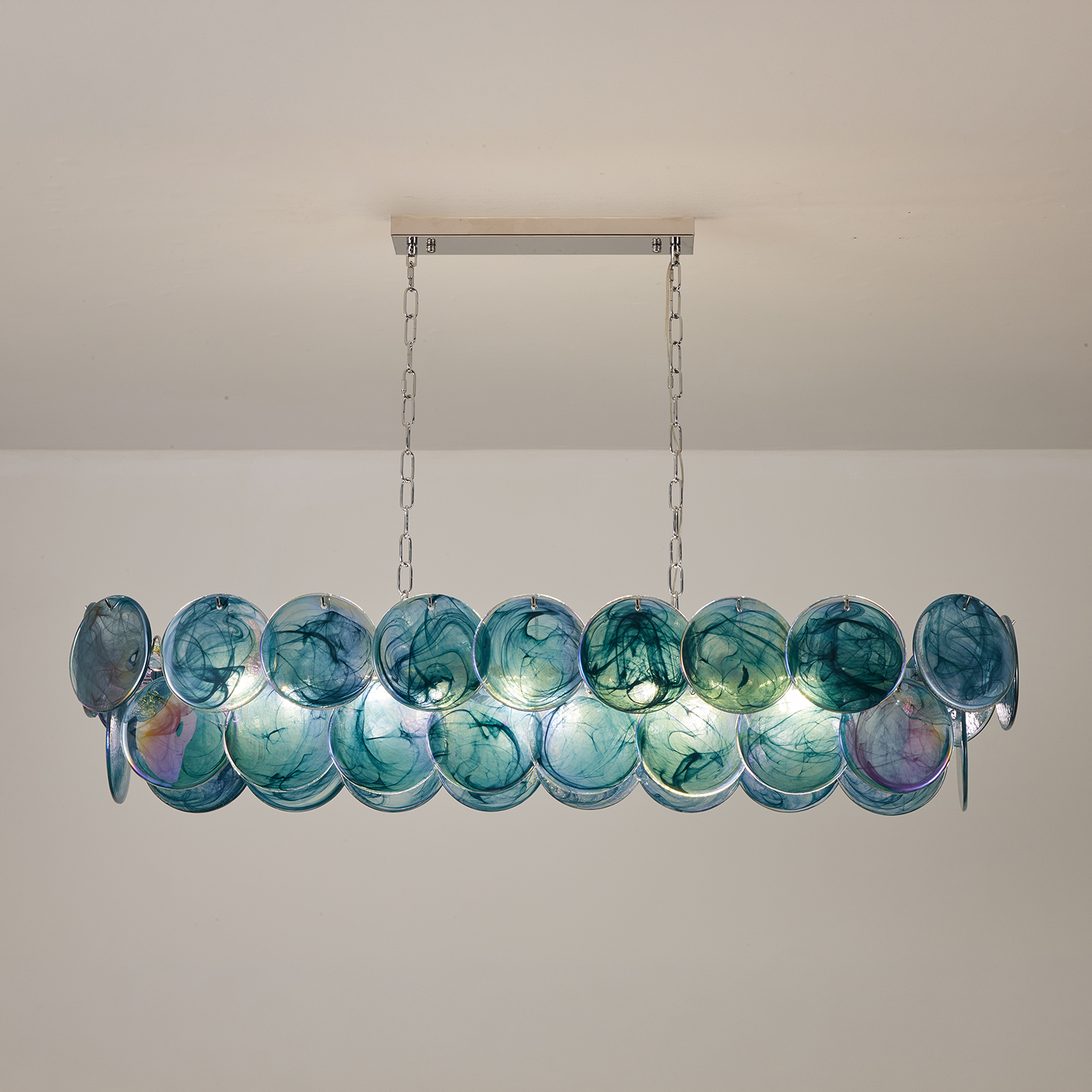 Two-tier rectangular Murano chandelier in space-age iridescent glass