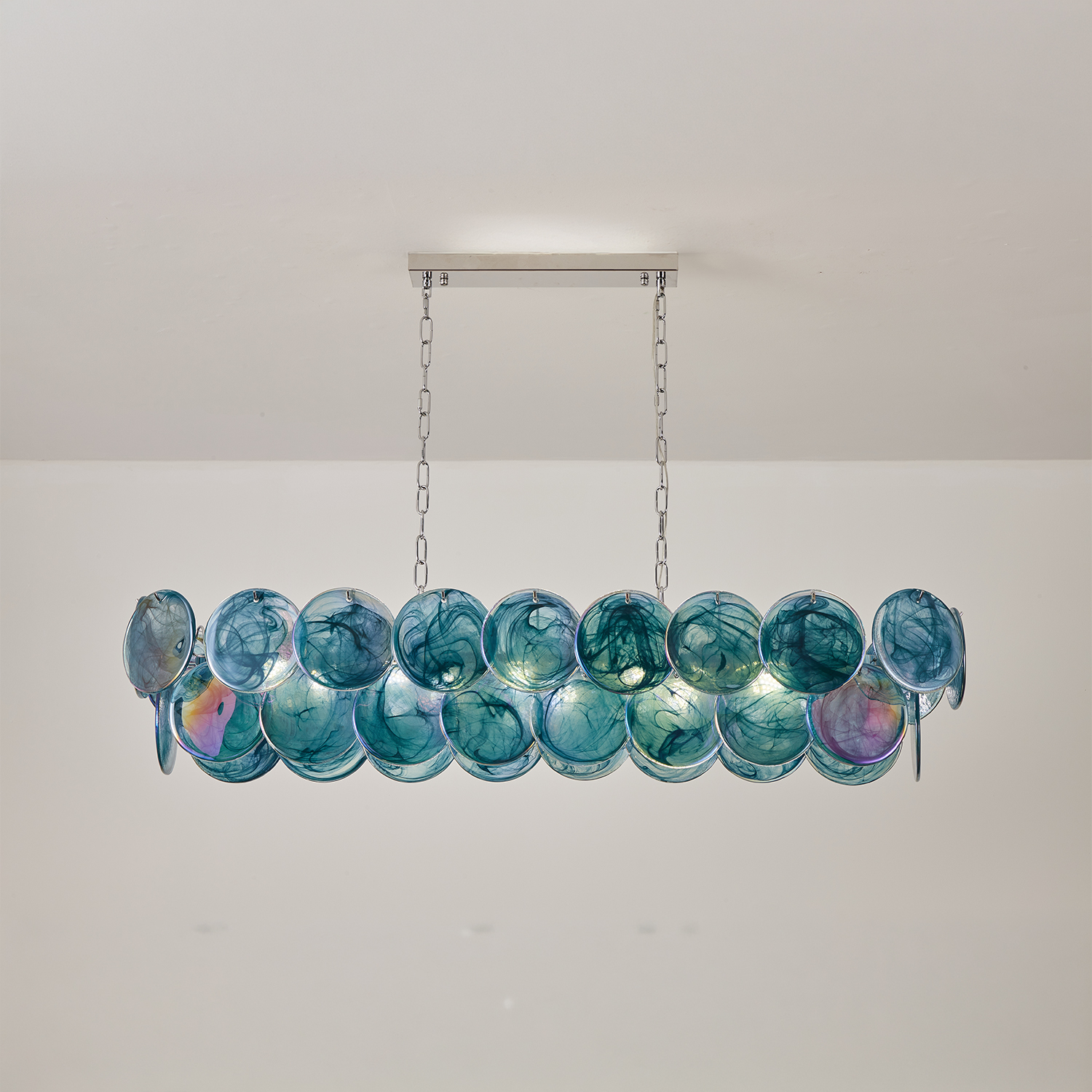 Two-tier rectangular Murano chandelier in space-age iridescent glass