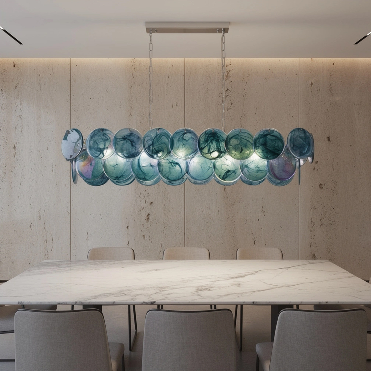 Two-tier rectangular Murano chandelier in space-age iridescent glass