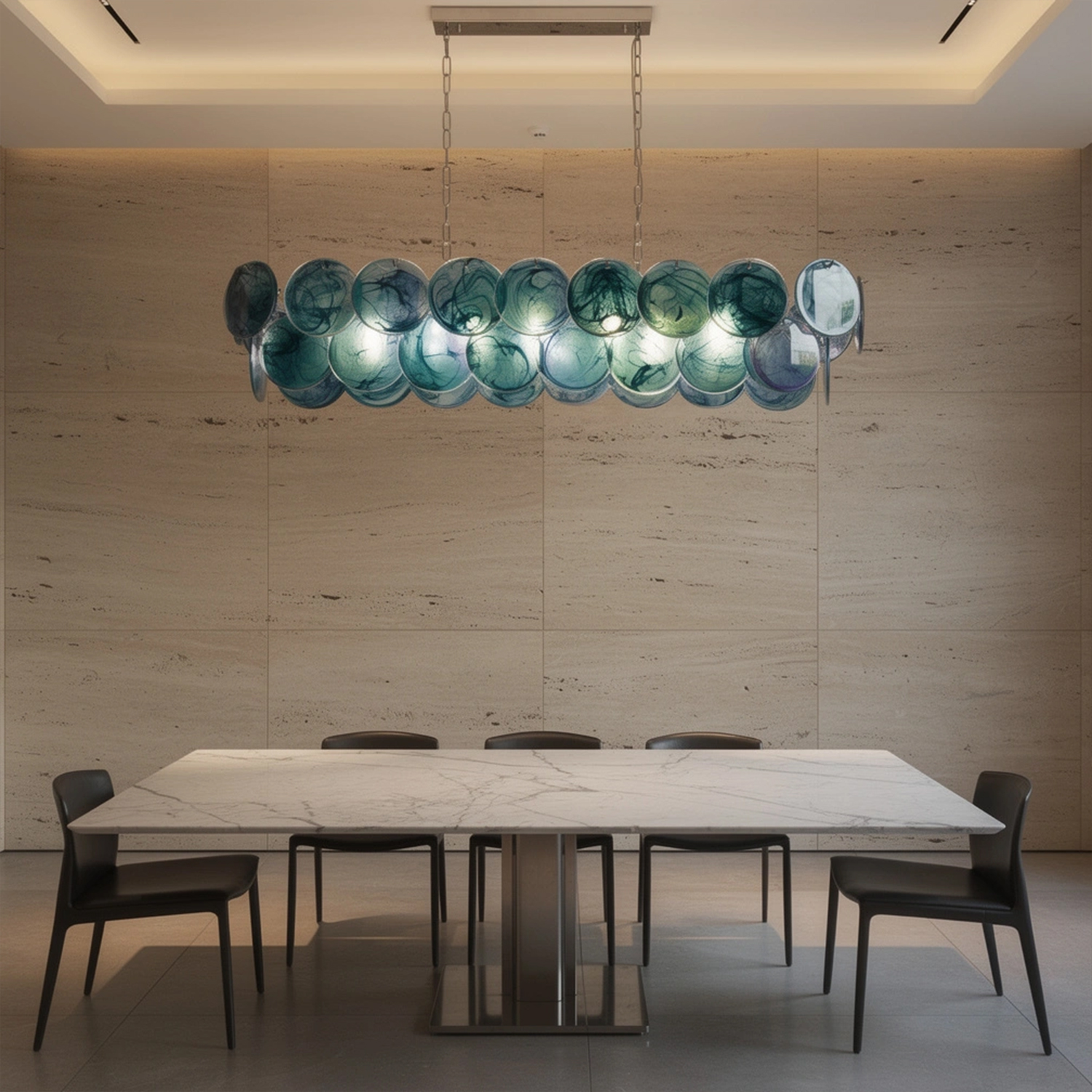 Two-tier rectangular Murano chandelier in space-age iridescent glass
