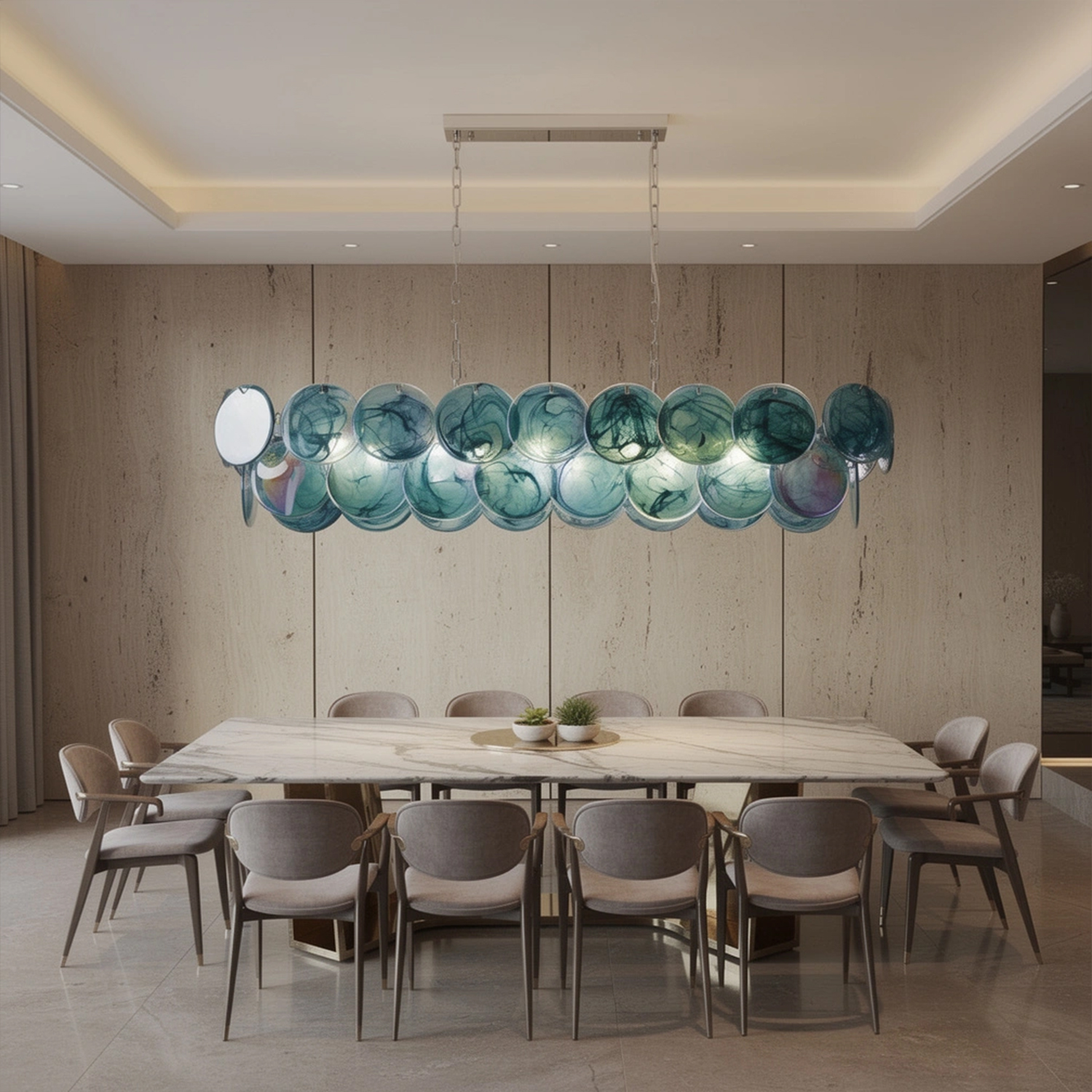Two-tier rectangular Murano chandelier in space-age iridescent glass