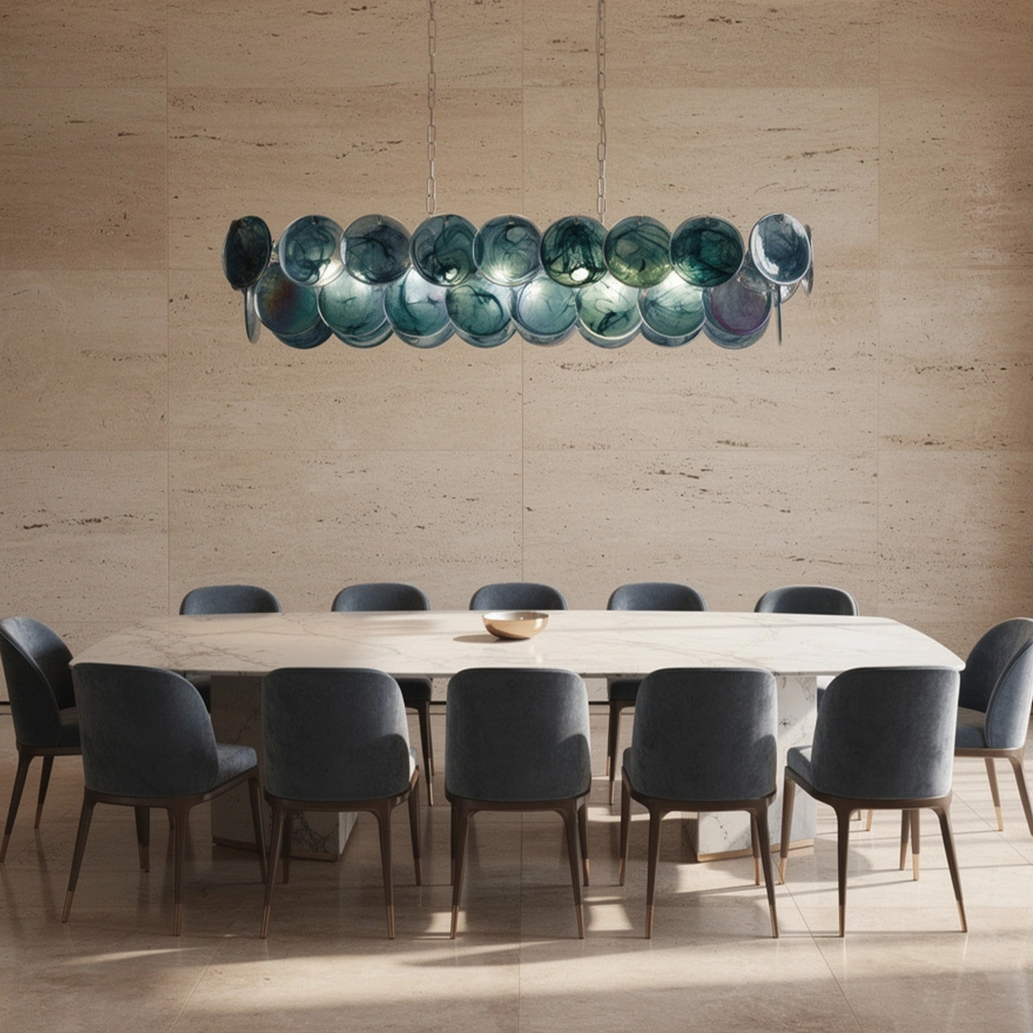 Two-tier rectangular Murano chandelier in space-age iridescent glass