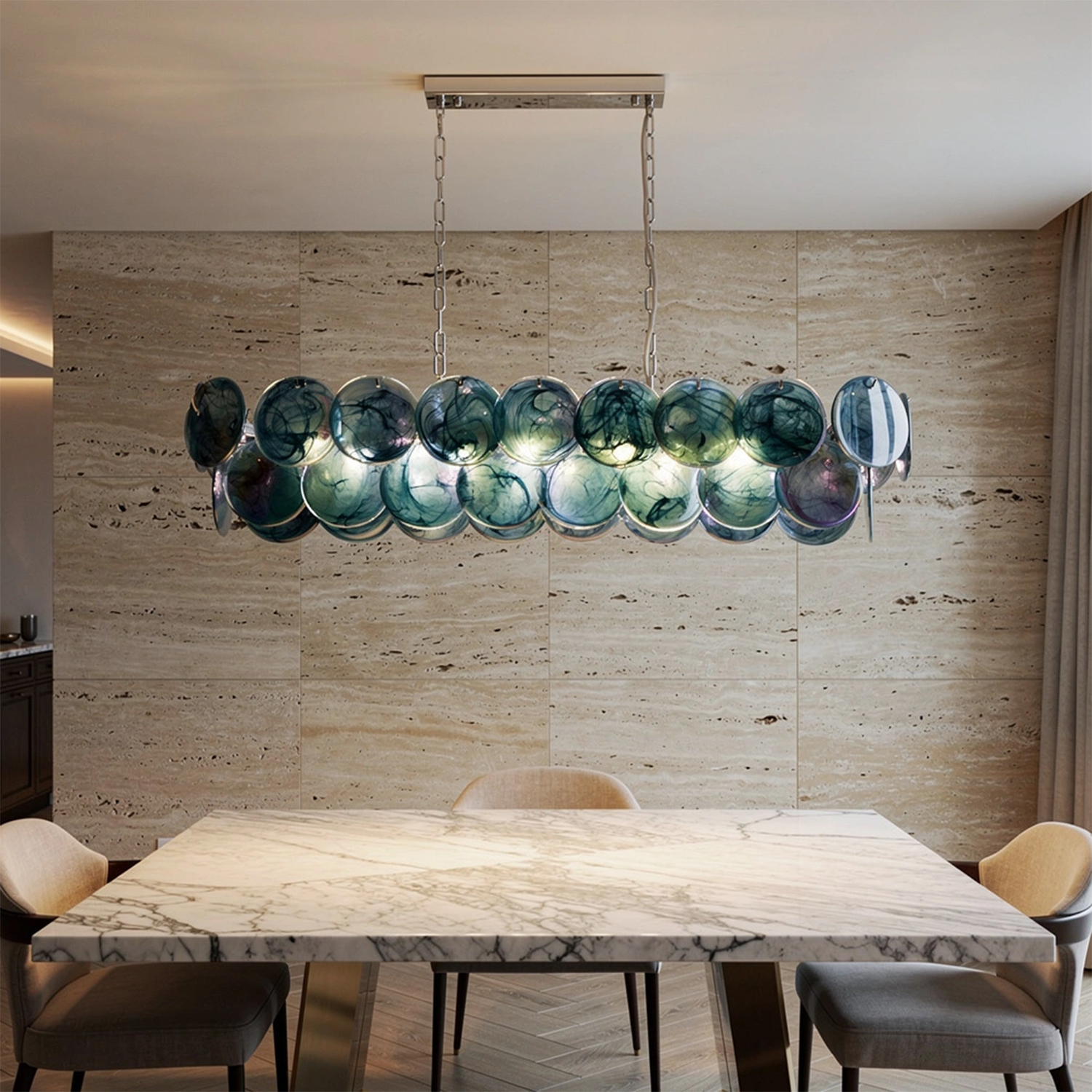 Two-tier rectangular Murano chandelier in space-age iridescent glass