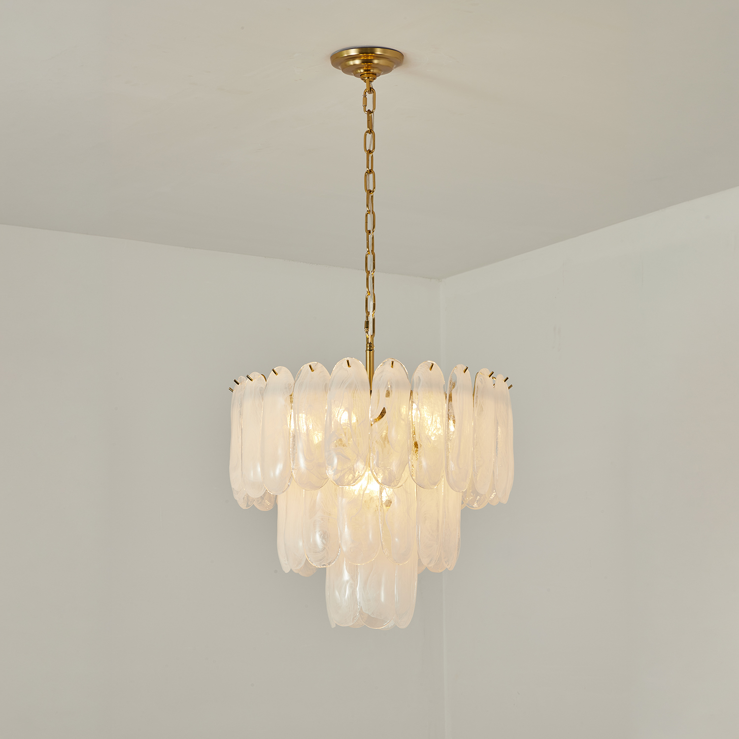 White Opaline Murano-Style Glass Petal Cascade Chandelier