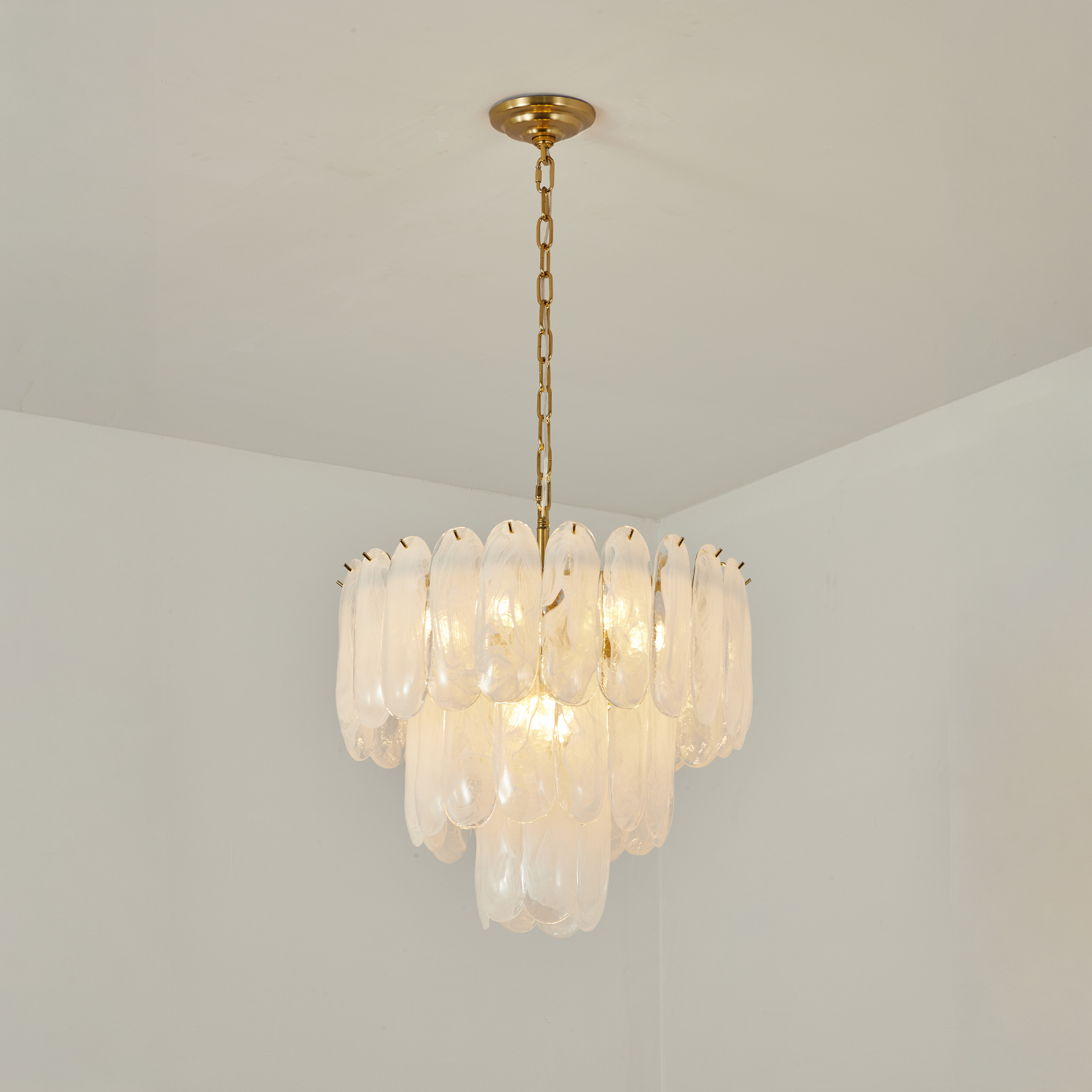 White Opaline Murano-Style Glass Petal Cascade Chandelier