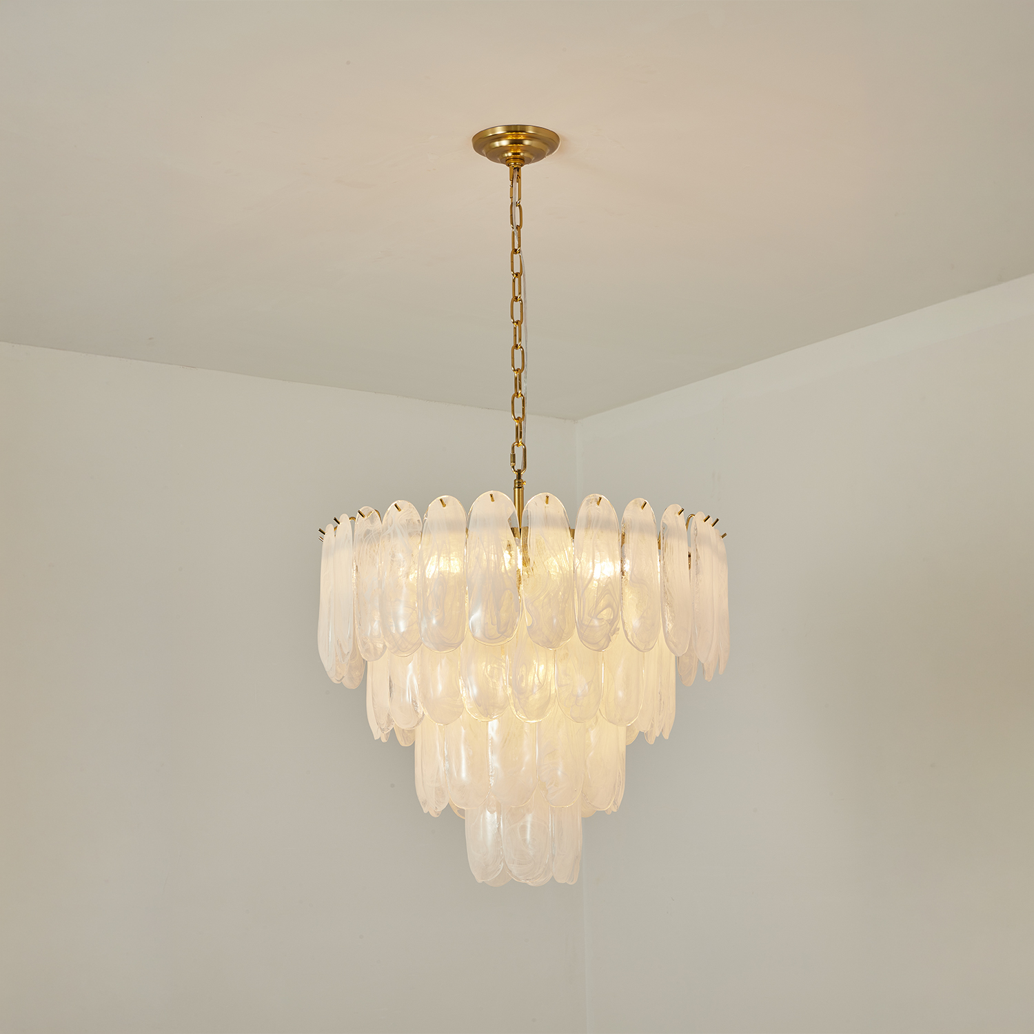 White Opaline Murano-Style Glass Petal Cascade Chandelier