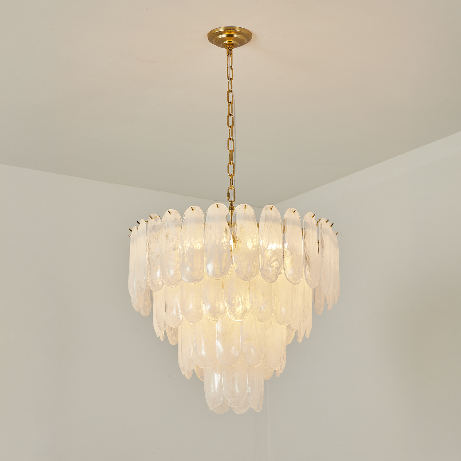 White Opaline Murano-Style Glass Petal Cascade Chandelier
