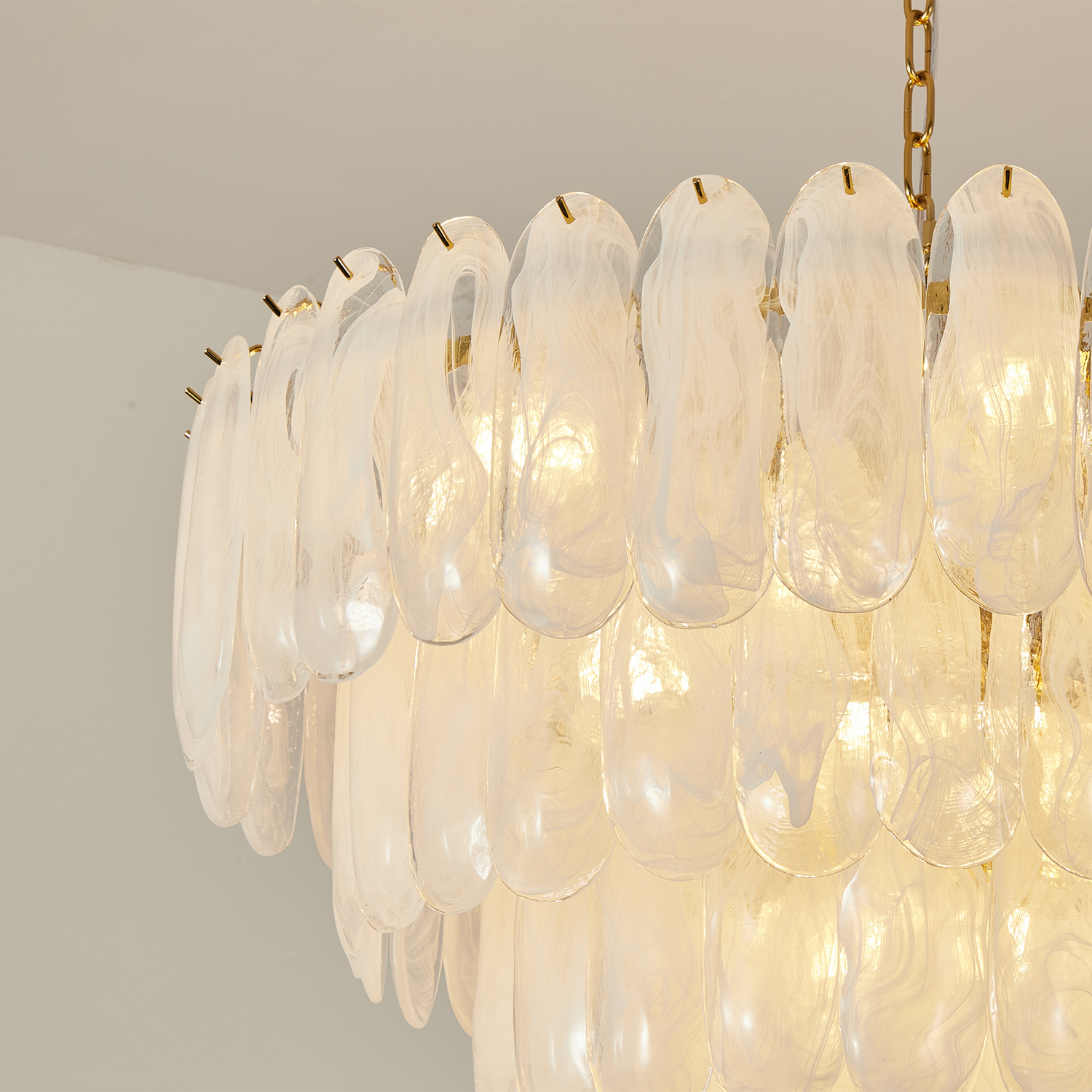 White Opaline Murano-Style Glass Petal Cascade Chandelier