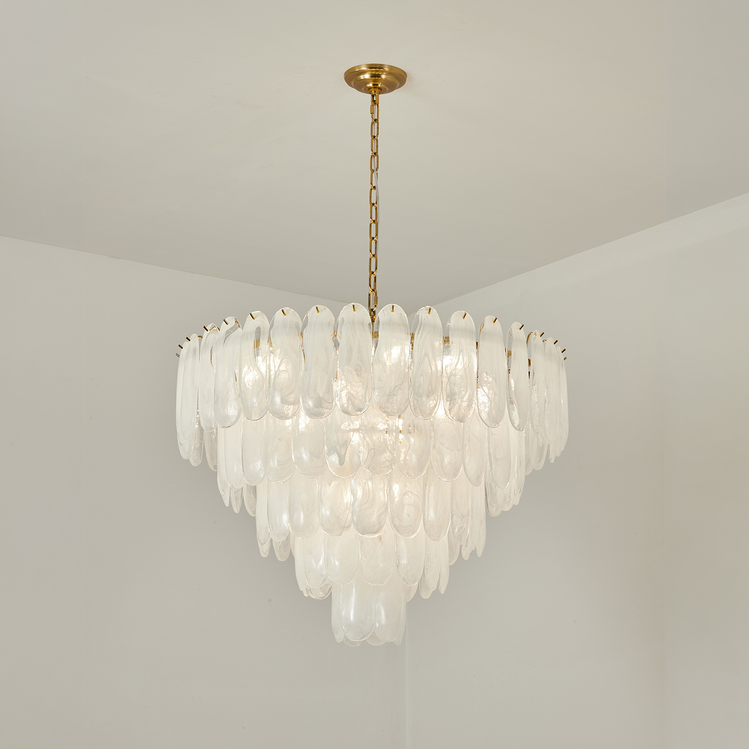 White Opaline Murano-Style Glass Petal Cascade Chandelier