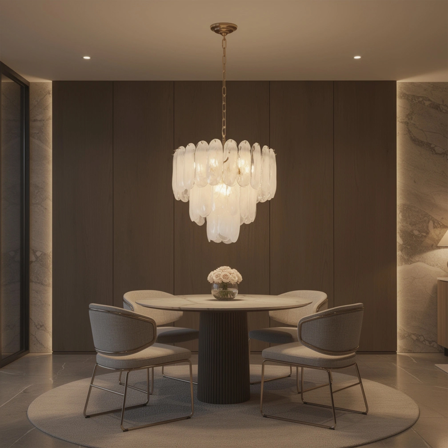 White Opaline Murano-Style Glass Petal Cascade Chandelier
