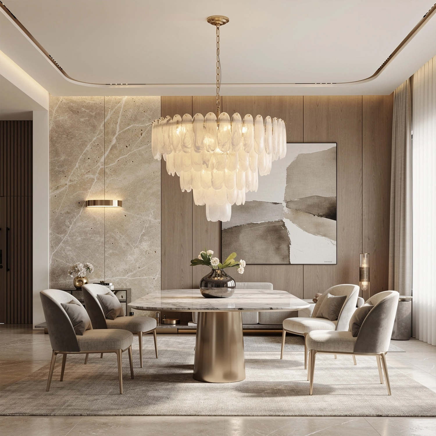 White Opaline Murano-Style Glass Petal Cascade Chandelier