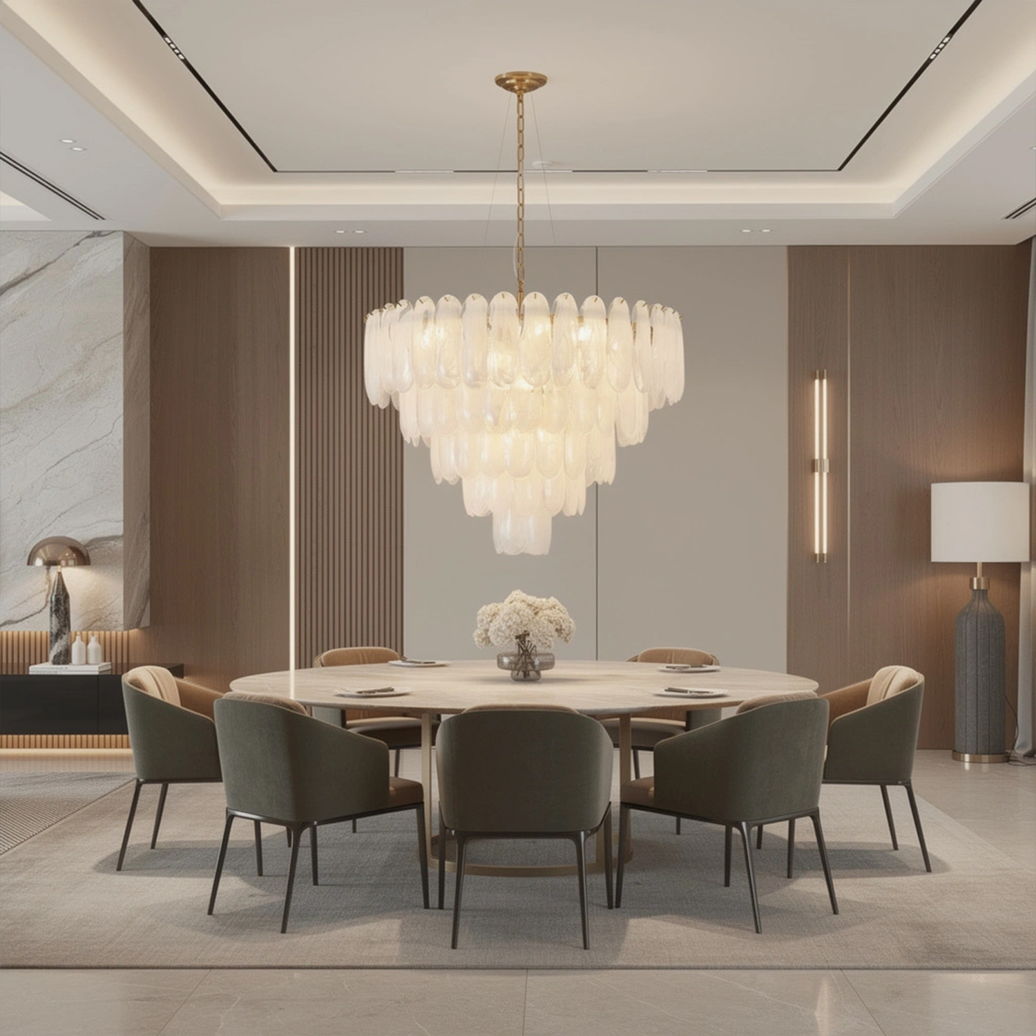 White Opaline Murano-Style Glass Petal Cascade Chandelier