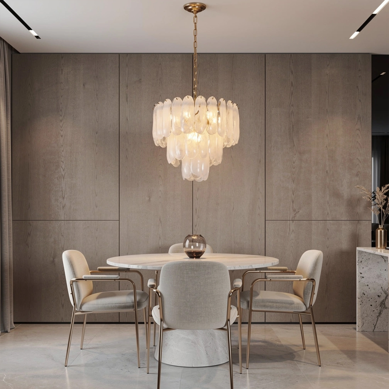 White Opaline Murano-Style Glass Petal Cascade Chandelier