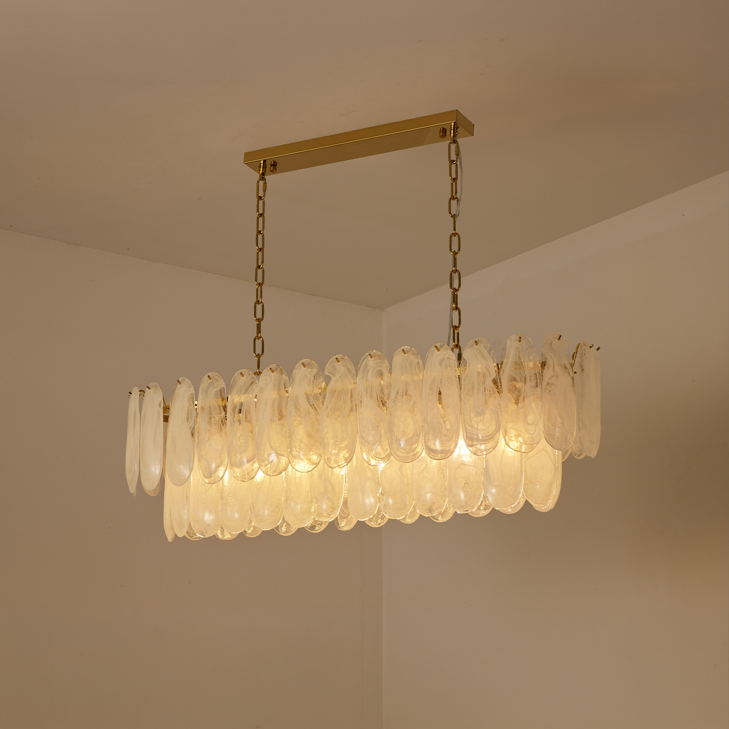 White Opaline Murano-Style Glass Petal Cascade Linear Chandelier