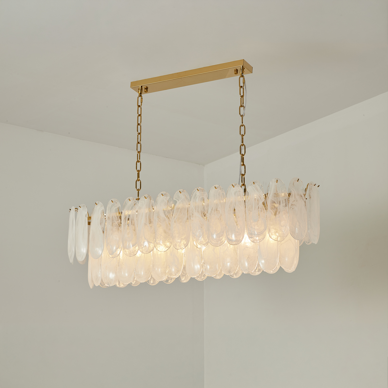 White Opaline Murano-Style Glass Petal Cascade Linear Chandelier