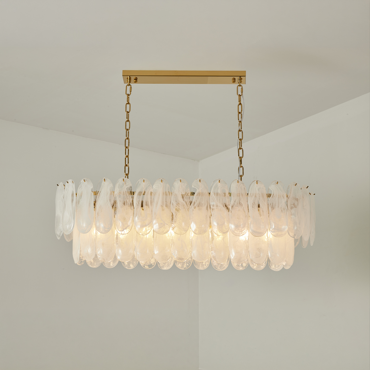 White Opaline Murano-Style Glass Petal Cascade Linear Chandelier