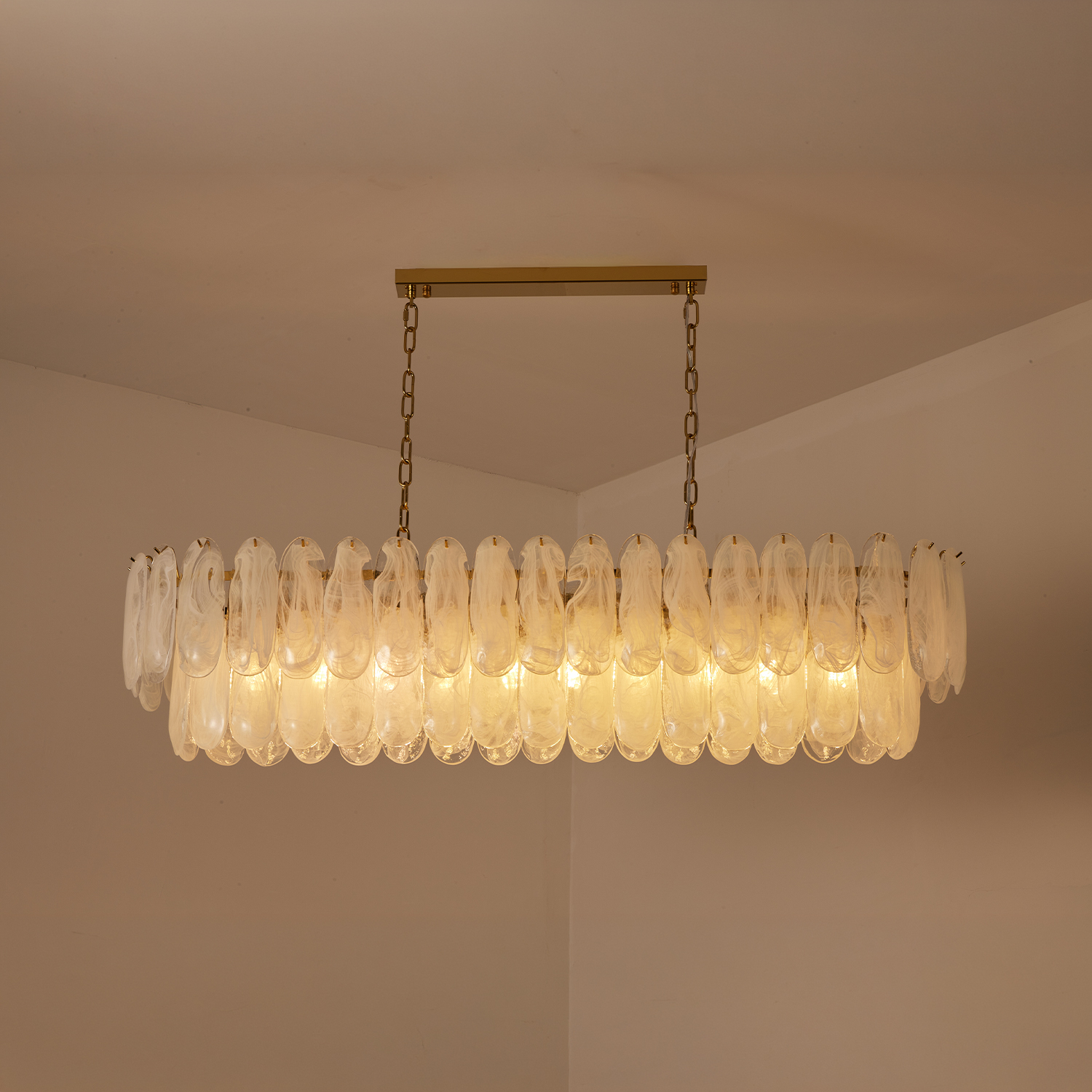 White Opaline Murano-Style Glass Petal Cascade Linear Chandelier