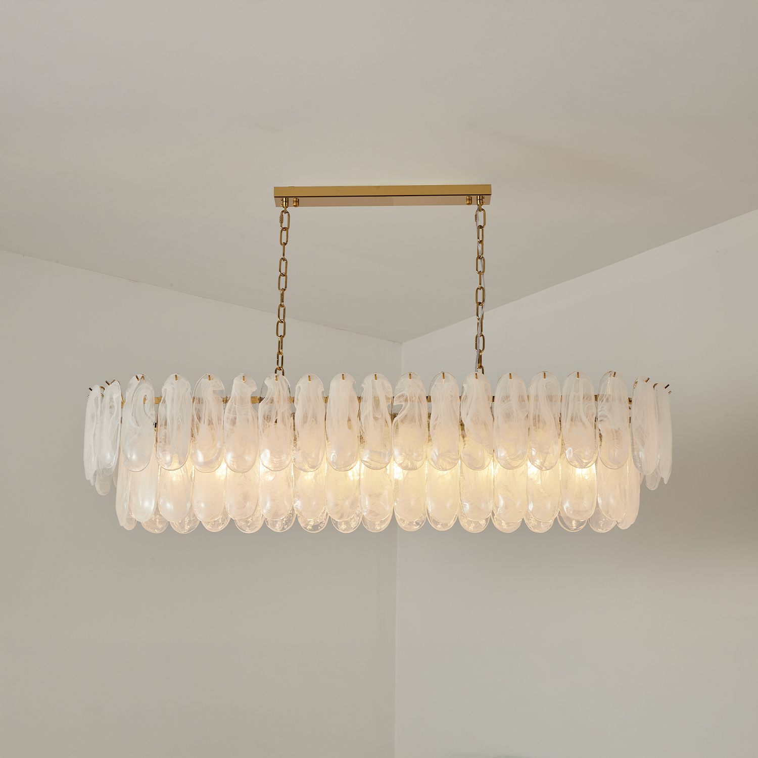 White Opaline Murano-Style Glass Petal Cascade Linear Chandelier