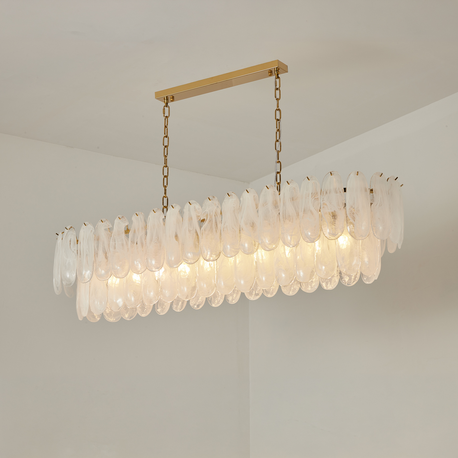 White Opaline Murano-Style Glass Petal Cascade Linear Chandelier